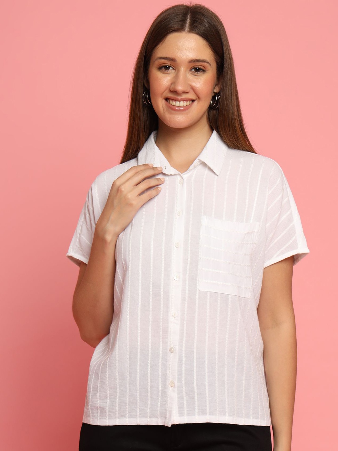 

KIZI Women Spread Collar Striped Casual Shirt, White