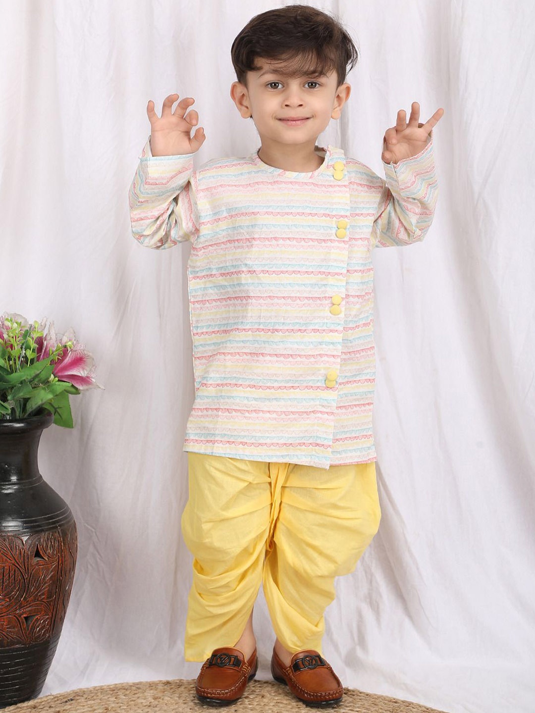 

Polka Tots Boys Printed Regular Pure Cotton Straight Kurta with Dhoti Pants, Na