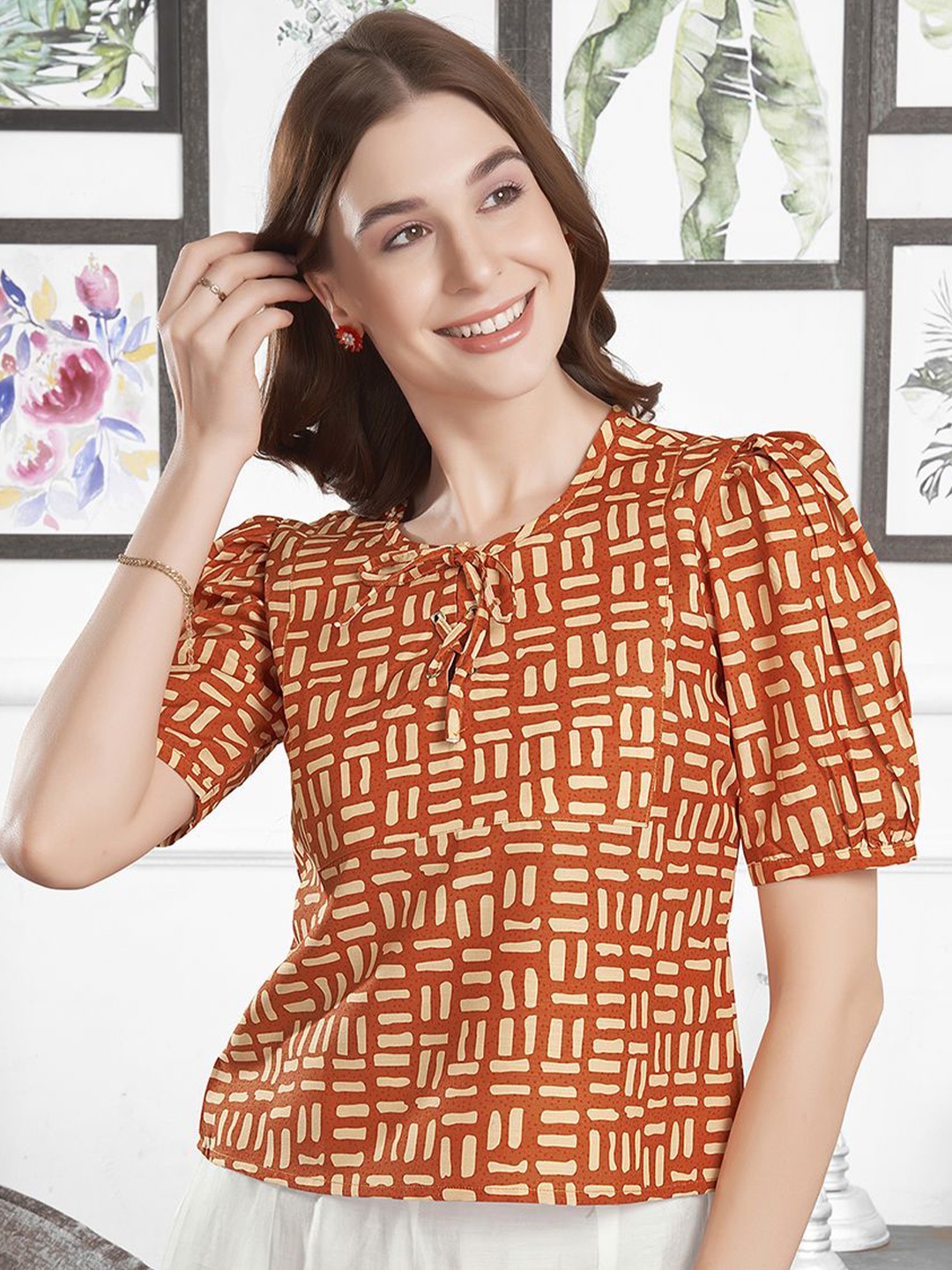 

Selvia Women Abstract Printed Tie-Up Neck Cotton Top, Brown