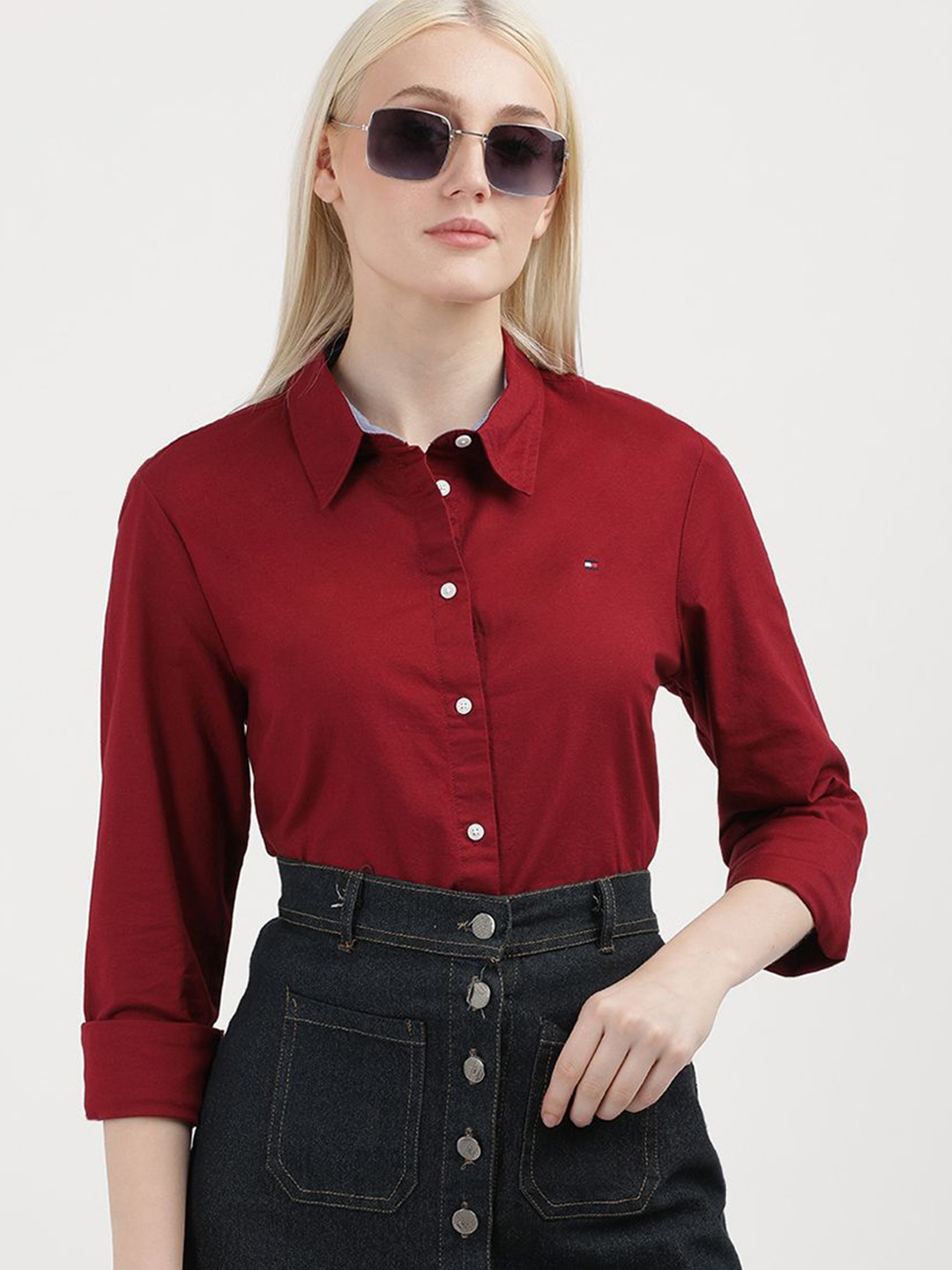 

Tommy Hilfiger Women Solid Spread Collar Casual Shirt, Red