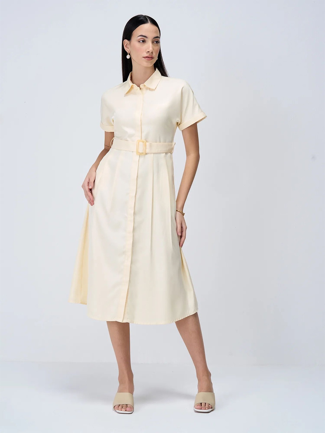 

SALT ATTIRE Belted Shirt Midi Dress, Cream