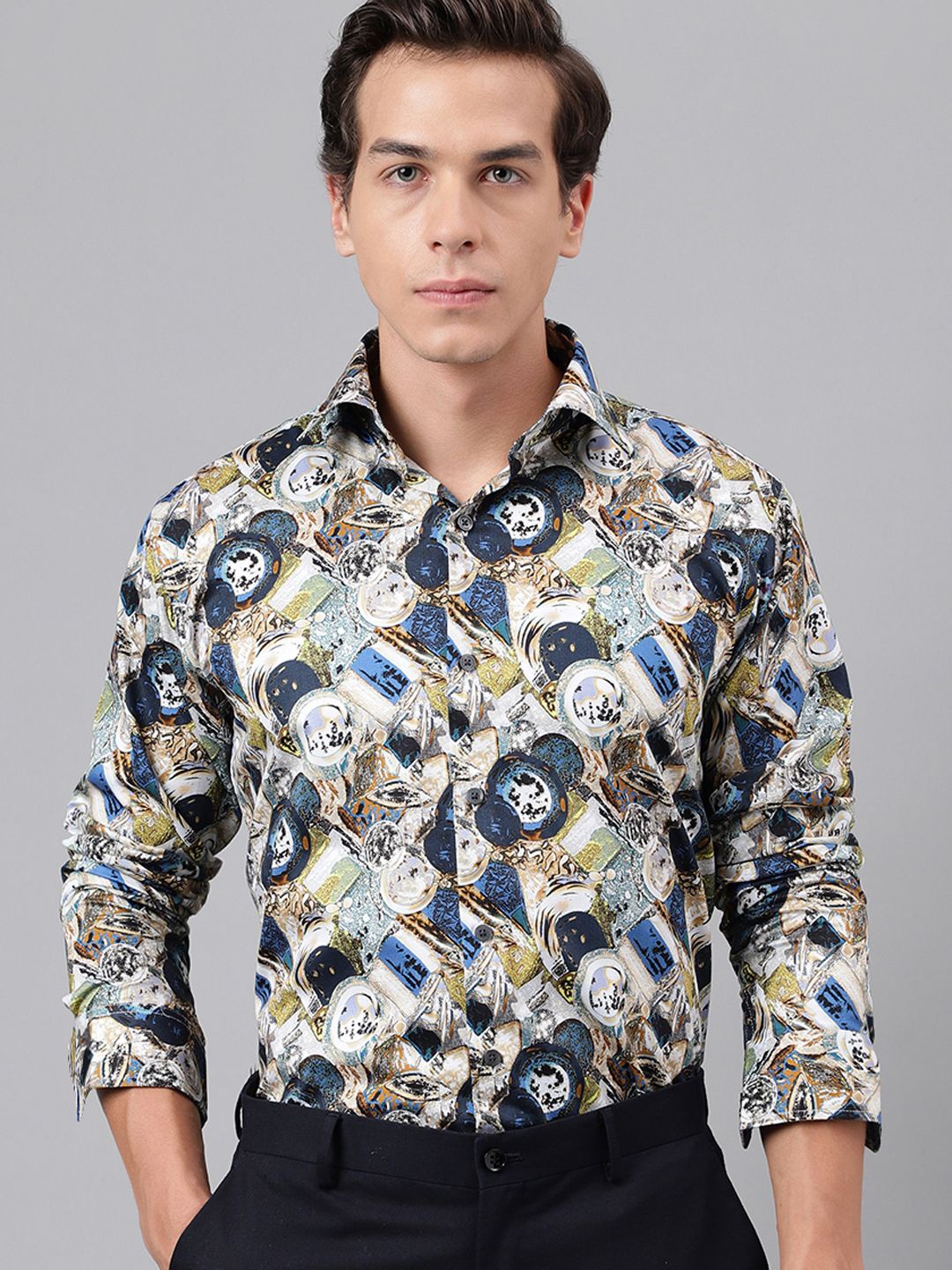 

Hancock Men New Spread Collar Abstract Printed Cotton Slim Fit Party Shirt, Blue