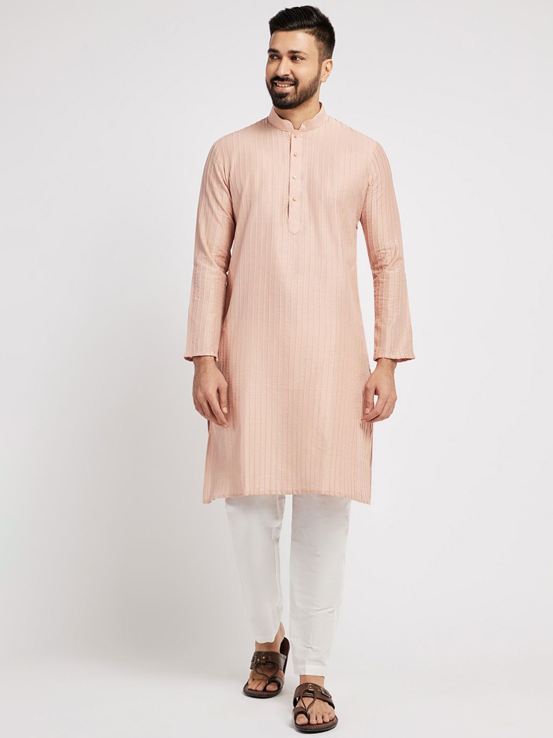 

Ethnic India Pintucks Thread Work Mandarin Collar Straight Kurta, Pink