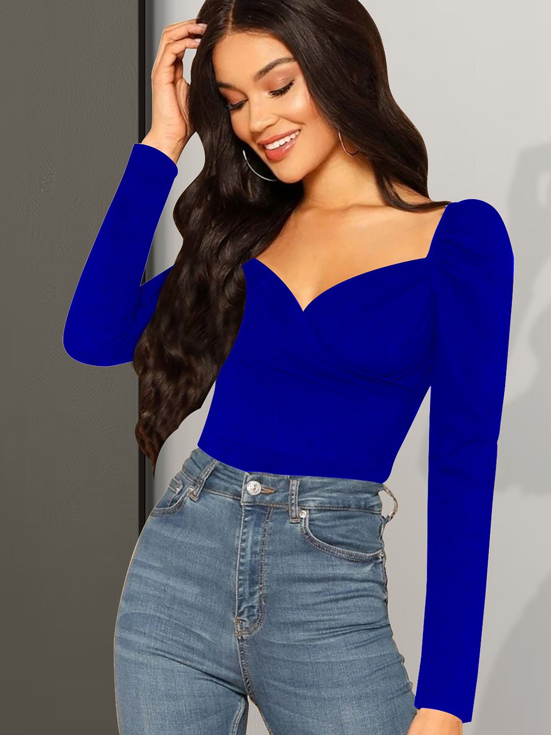 

Dream Beauty Fashion Women Solid Sweetheart Neck Top, Blue