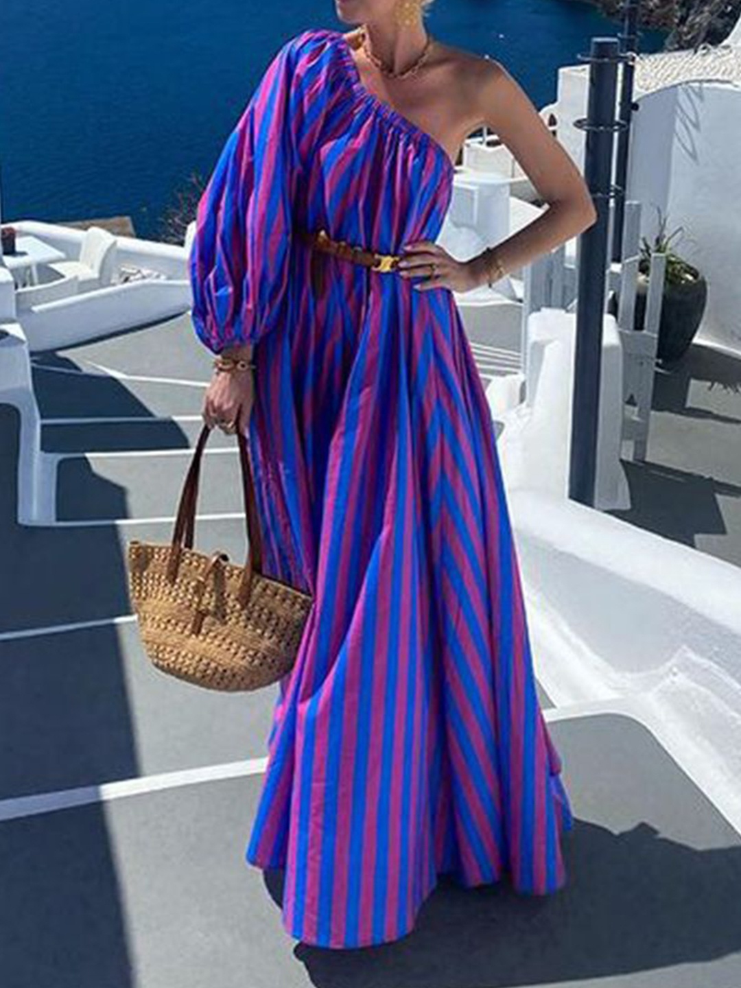 

StyleCast x Revolte One Shoulder Striped Maxi Midi Dress, Purple