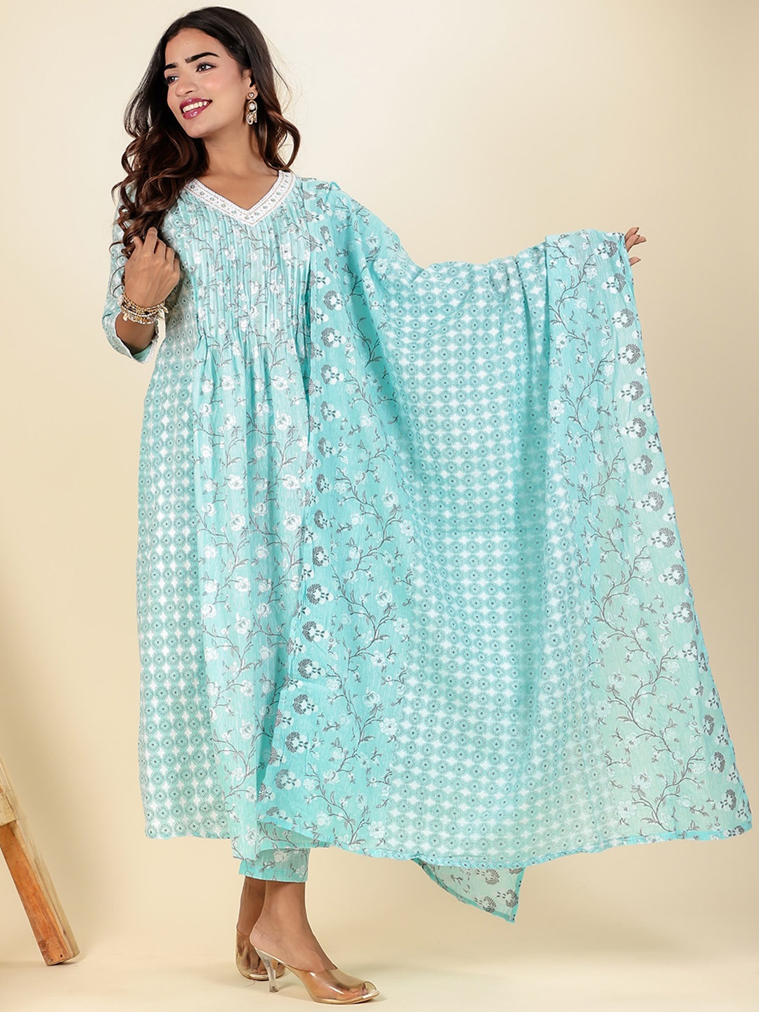 

LALI JAIPUR Floral Printed Pleated Sequinned Pure Cotton Kurta with Trousers & Dupatta, Blue