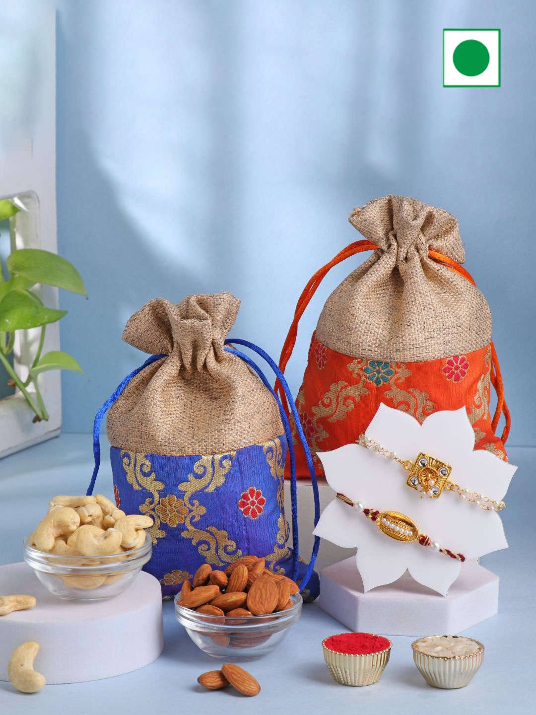 

Floweraura Set Of 2 Bhaiya Bhabhi Rakhi With Dry Fruits Gifts, Gold