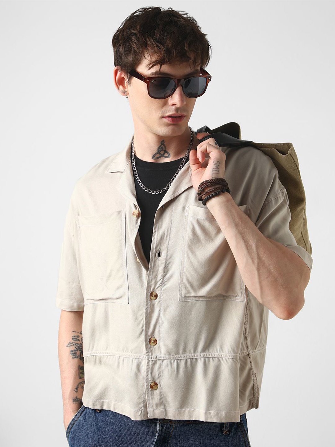 

VASTRADO Men Classic Cuban Collar Opaque Oversized Casual Shirt, Beige