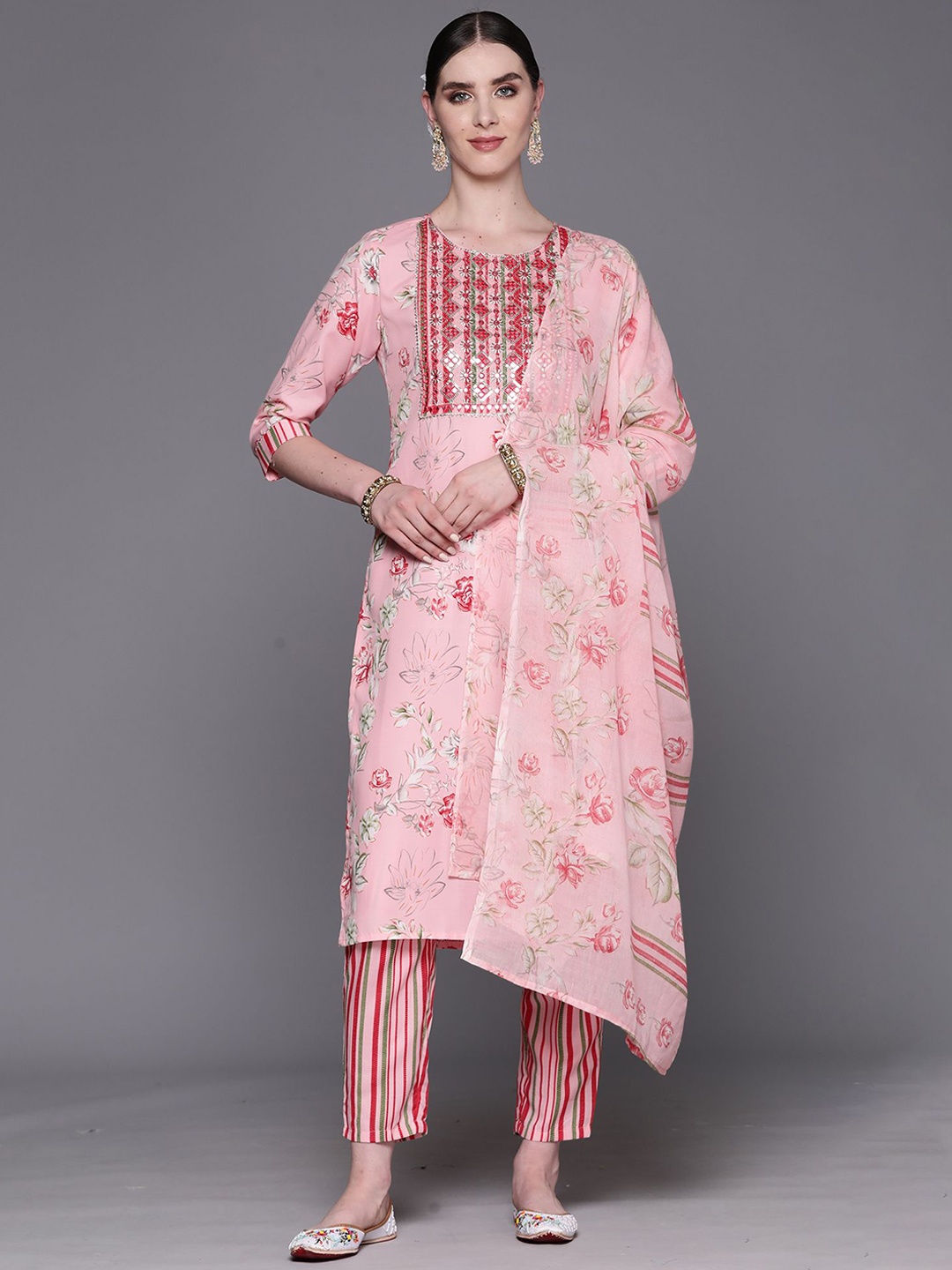 

Indo Era Floral Embroidered Sequinned Pure Cotton Straight Kurta With Trousers & Dupatta, Peach