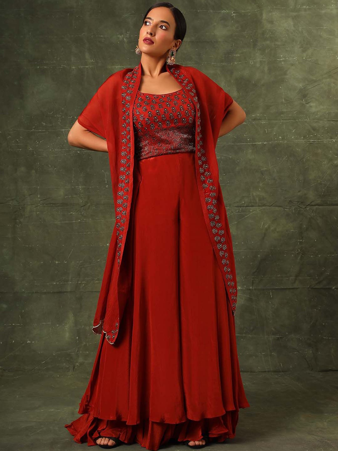 

Sejal Kamdar Embellished Floral Round Neck Party Top & Palazzos With Dupatta, Red
