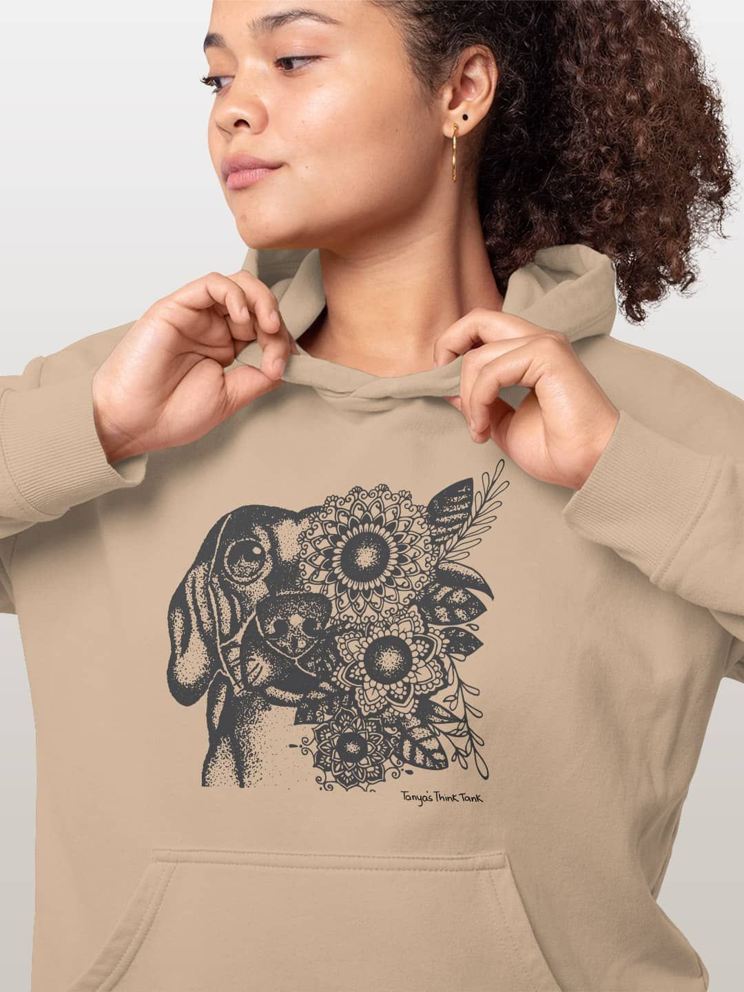 

macmerise Women Printed Hooded Sweatshirt, Beige