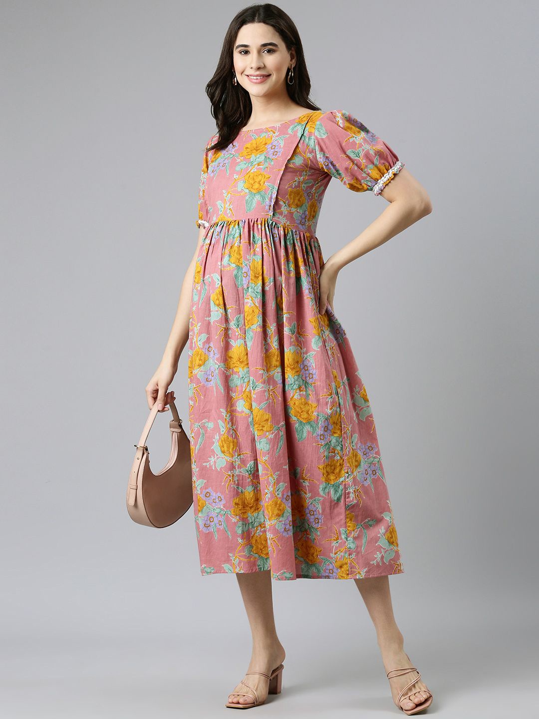 

Swishchick Women Floral Printed Maternity Midi Fit and Flare Ethnic Dresses, Pink