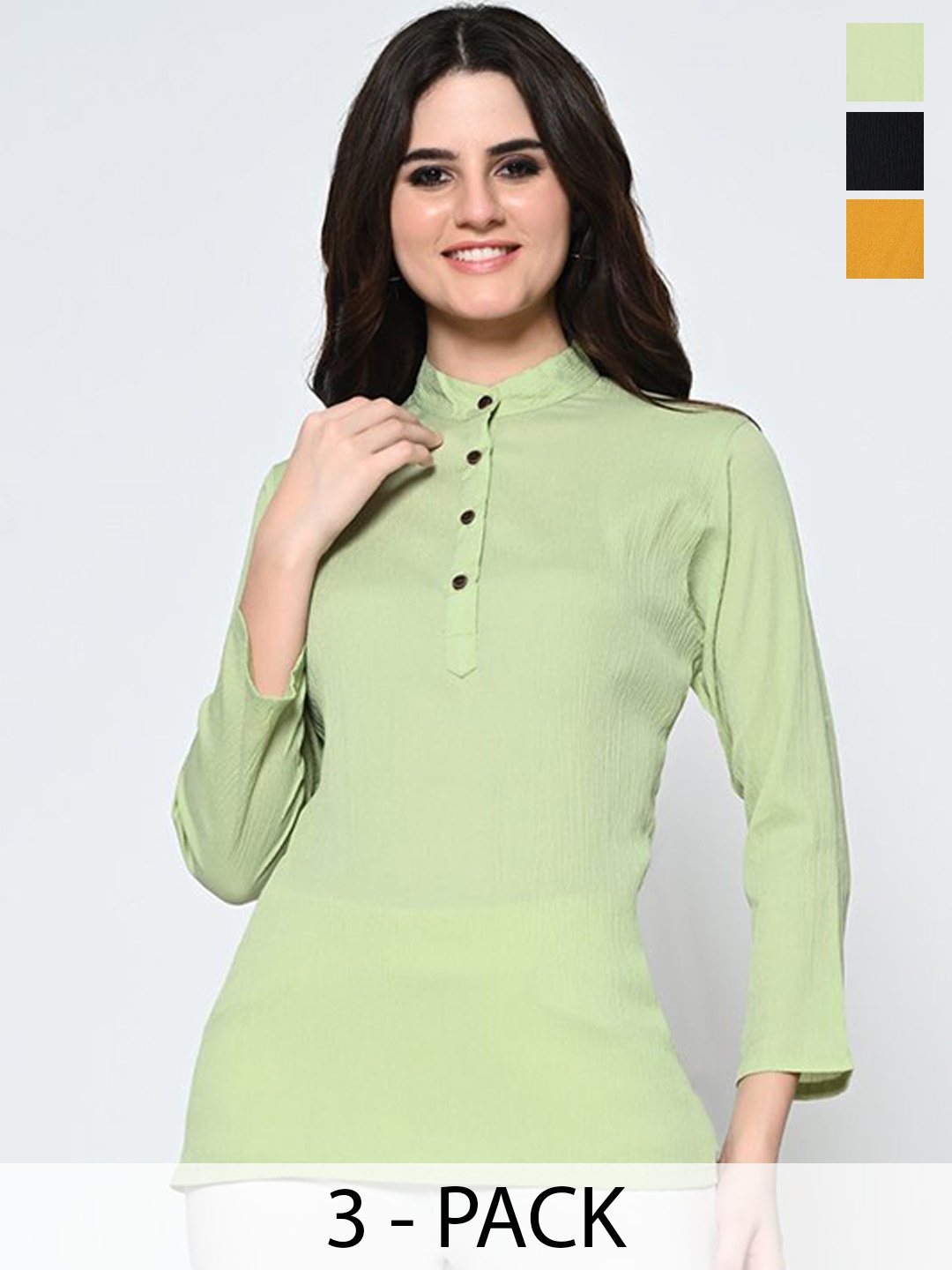 

BAESD Pack of 3 Mandarin Collar Crepe Straight Top, Green