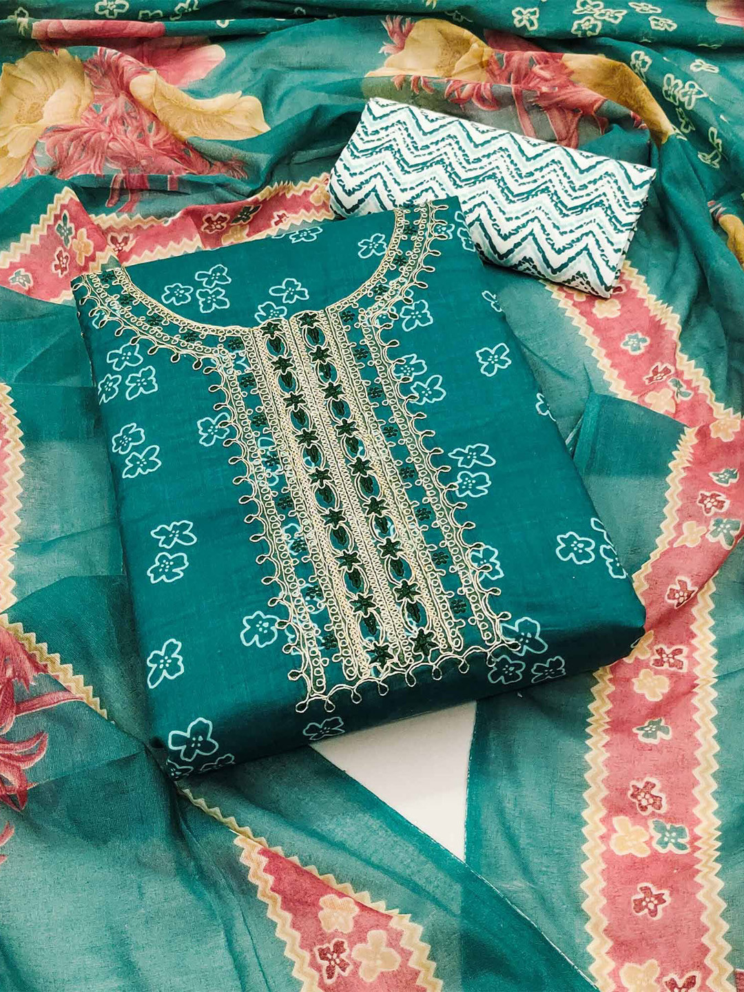 

Peachmode Floral Printed Pure Cotton Unstitched Dress Material, Teal