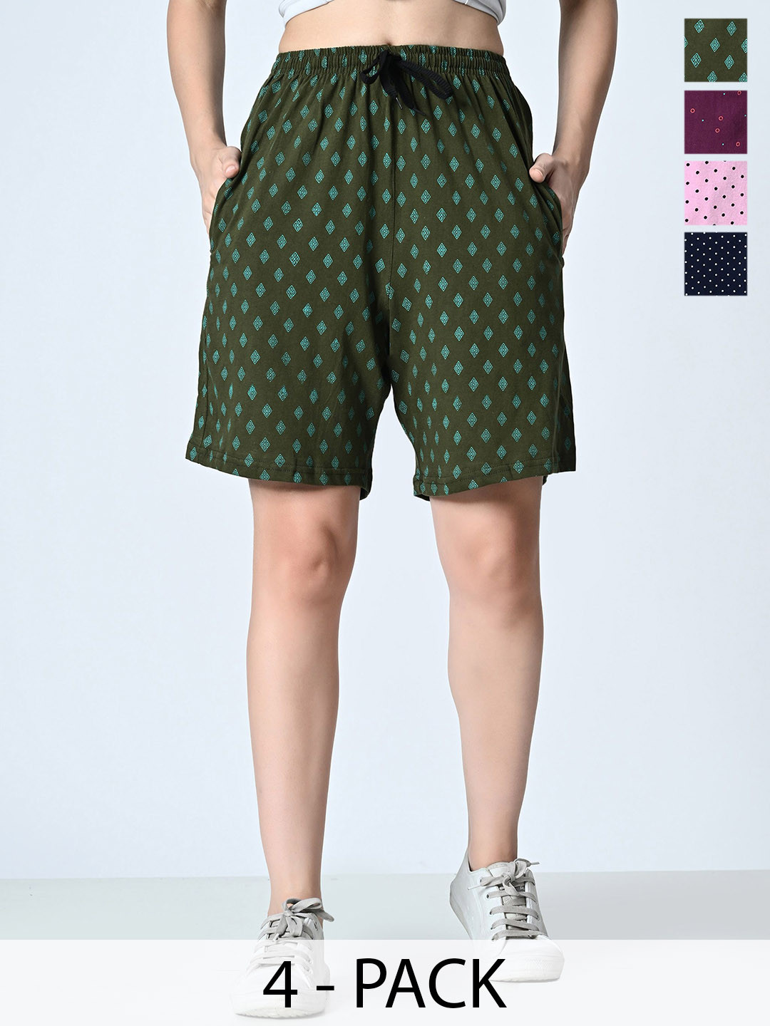 

BAESD Pack Of 4 Women Printed High-Rise Pure Cotton Shorts, Green