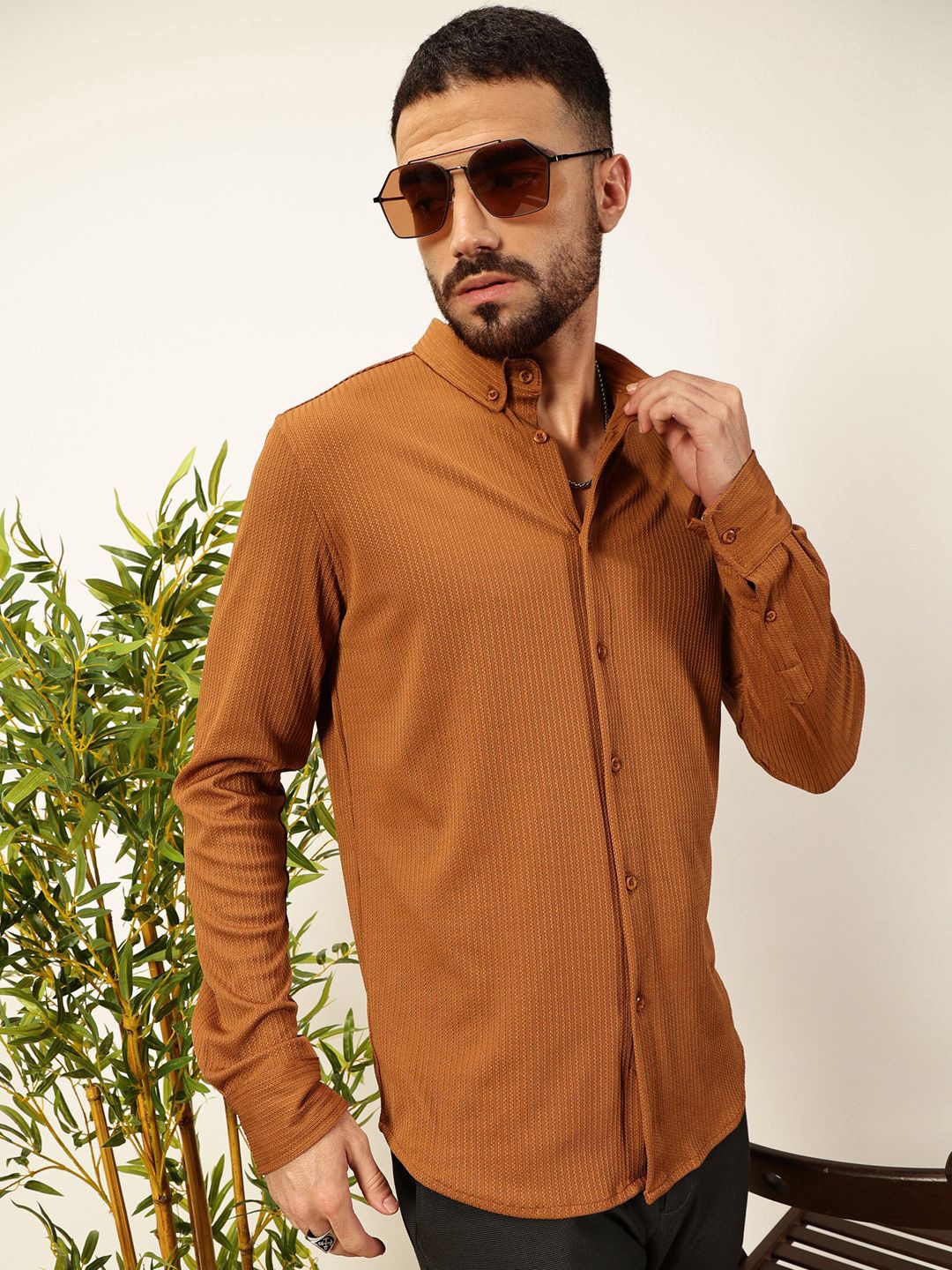 

Thomas Scott Men Premium Slim Fit Vertical Stripes Textured Casual Shirt, Brown