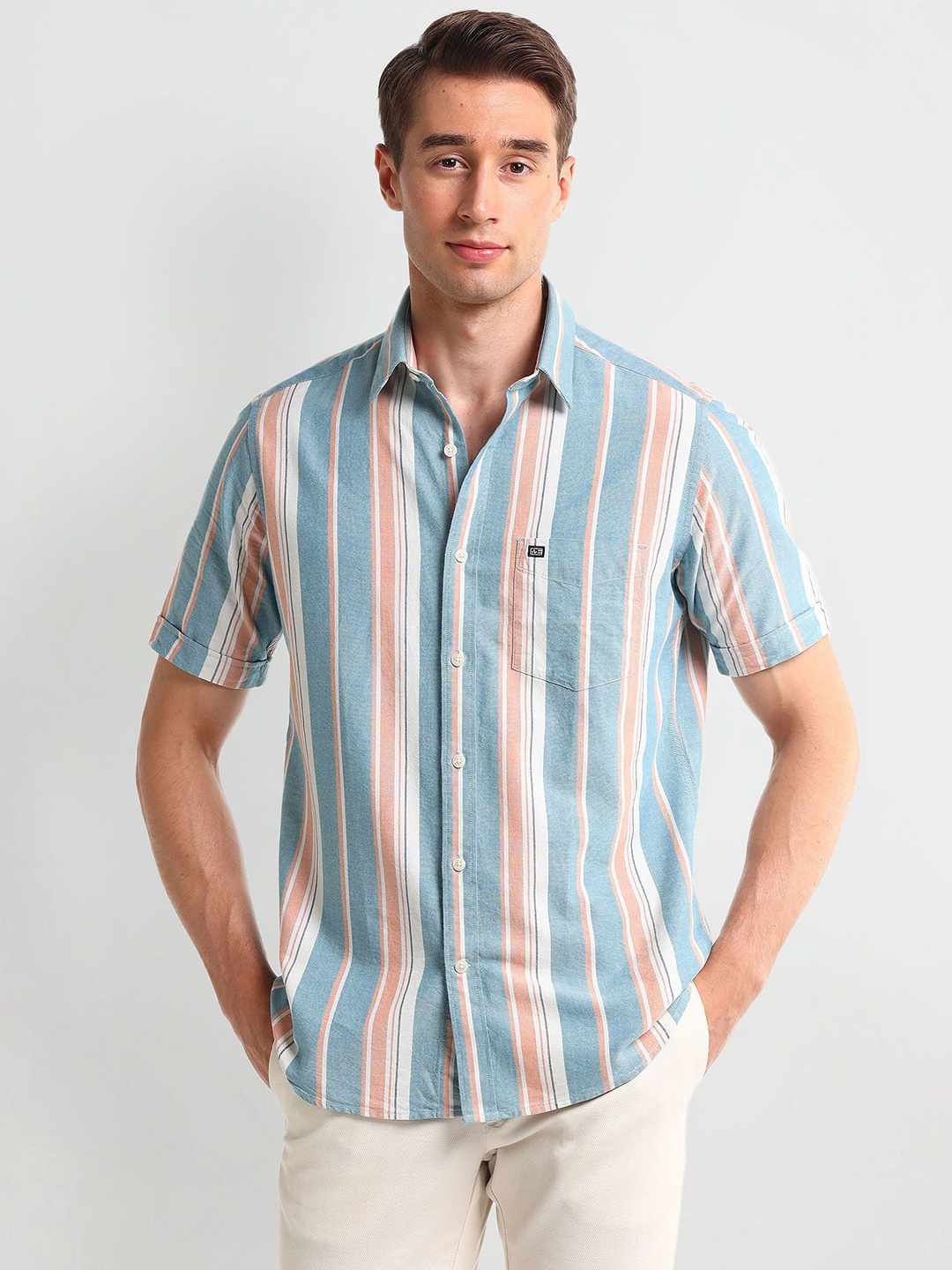 

Arrow Sport Men Spread Collar Striped Cotton Formal Shirt, Teal
