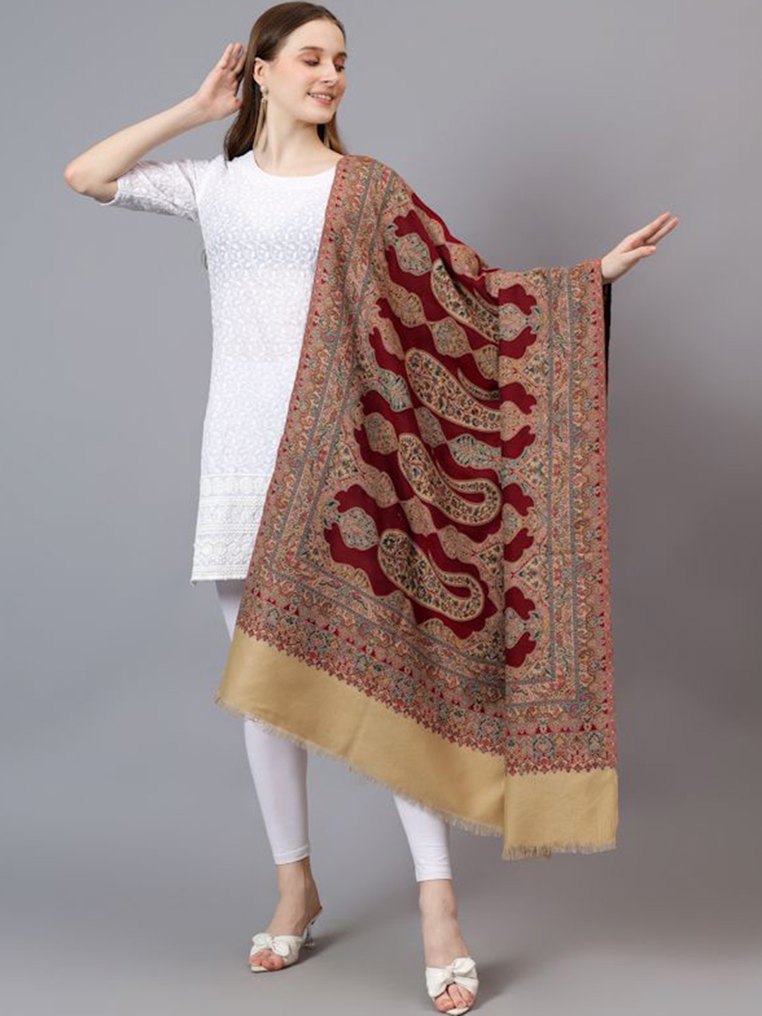 

Mizash Ethnic Motifs Printed Woollen Shawl, Maroon