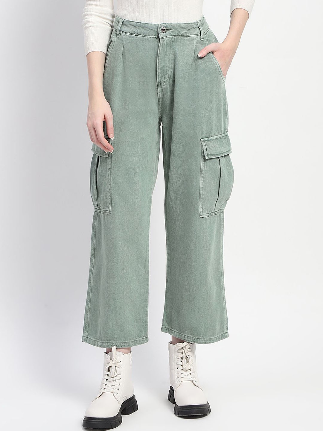 

Madame Women Cotton Mid-Rise Cargo Pants, Green