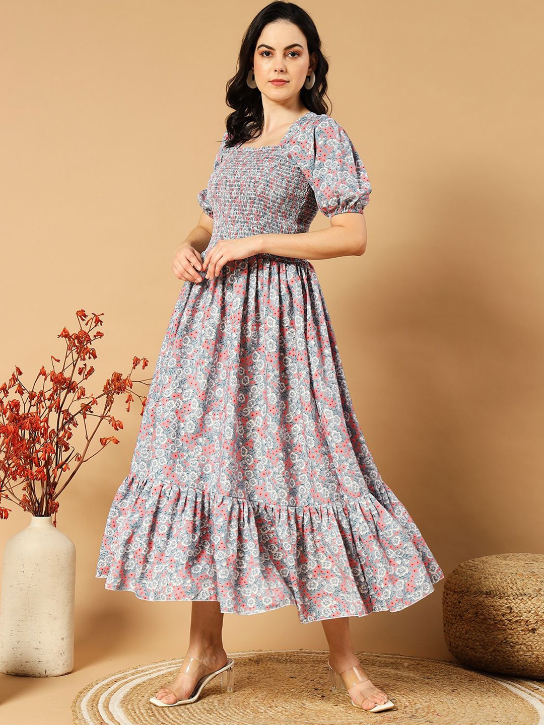 

DEKLOOK Floral Printed Puff Sleeve Smocked Fit & Flare Midi Dress, Blue