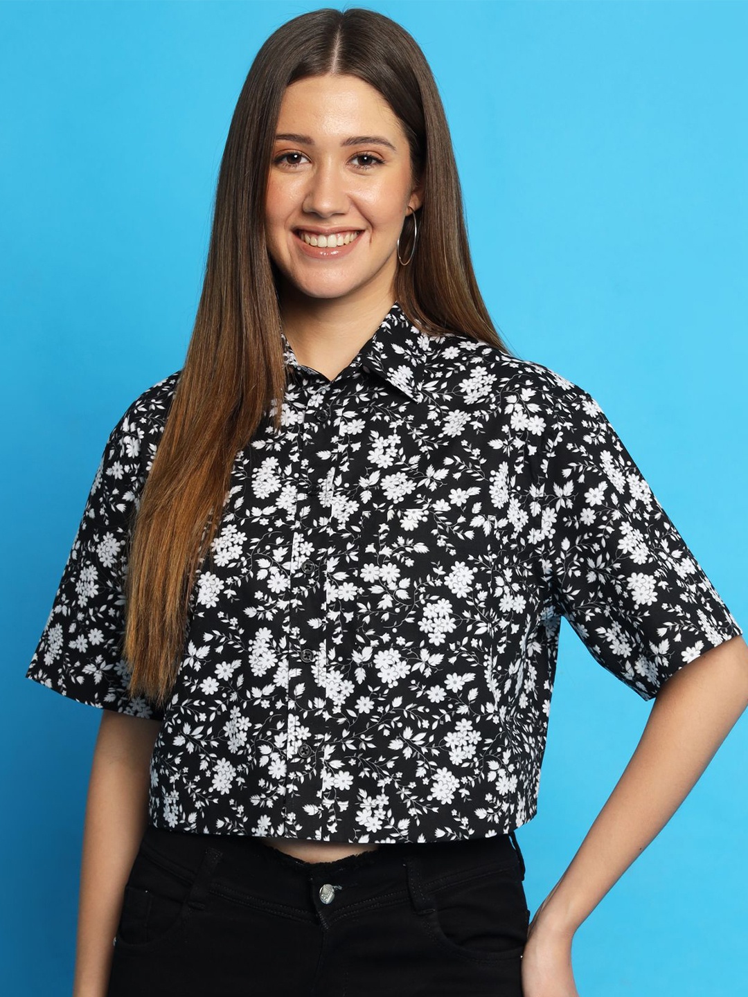 

KIZI Women Spread Collar Floral Printed Cotton Casual Shirt, Black