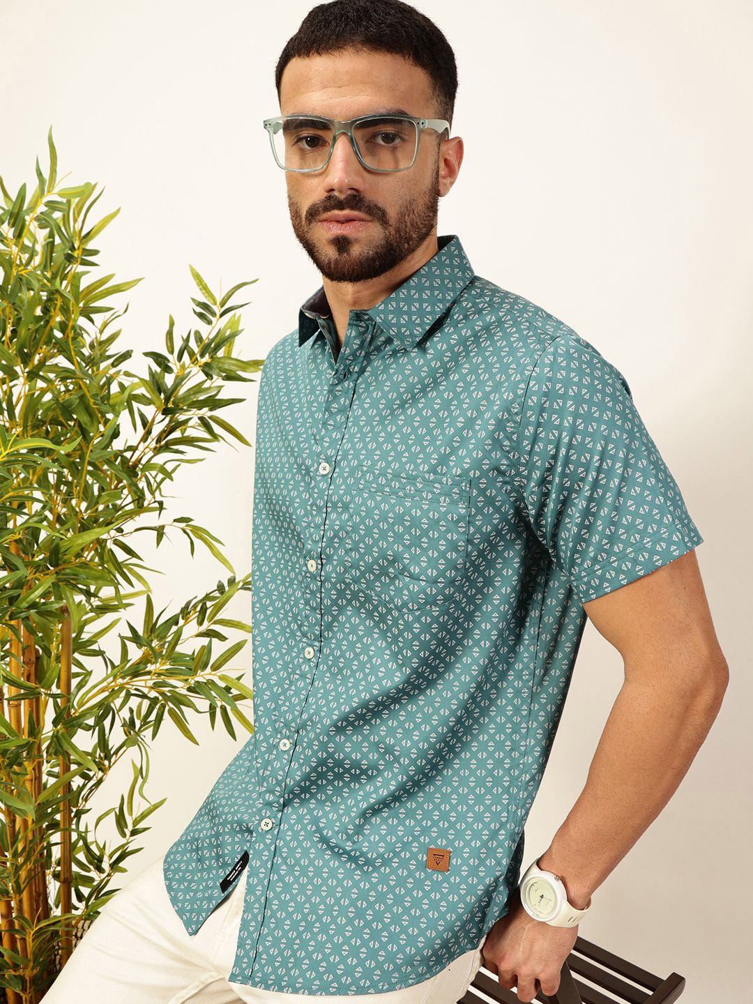 

Thomas Scott Men Premium Spread Collar Micro Ditsy Printed Cotton Casual Shirt, Teal