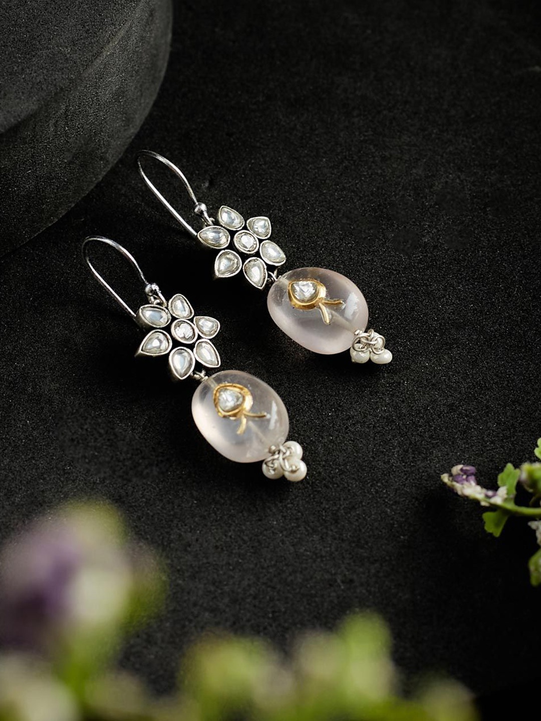 

Fabindia Silver Kundan Studded Contemporary Dangler Drop Earrings