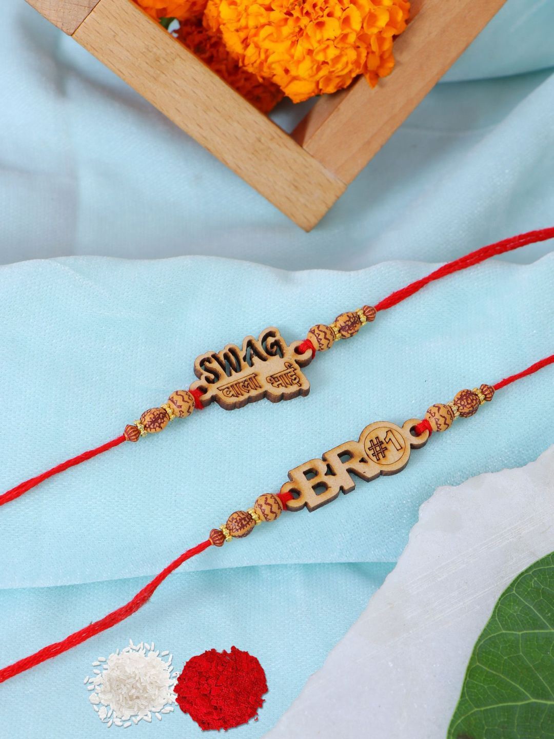

Crunchy Fashion Set Of 2 Swag Thread Rakhi With Roli Chawal, Brown