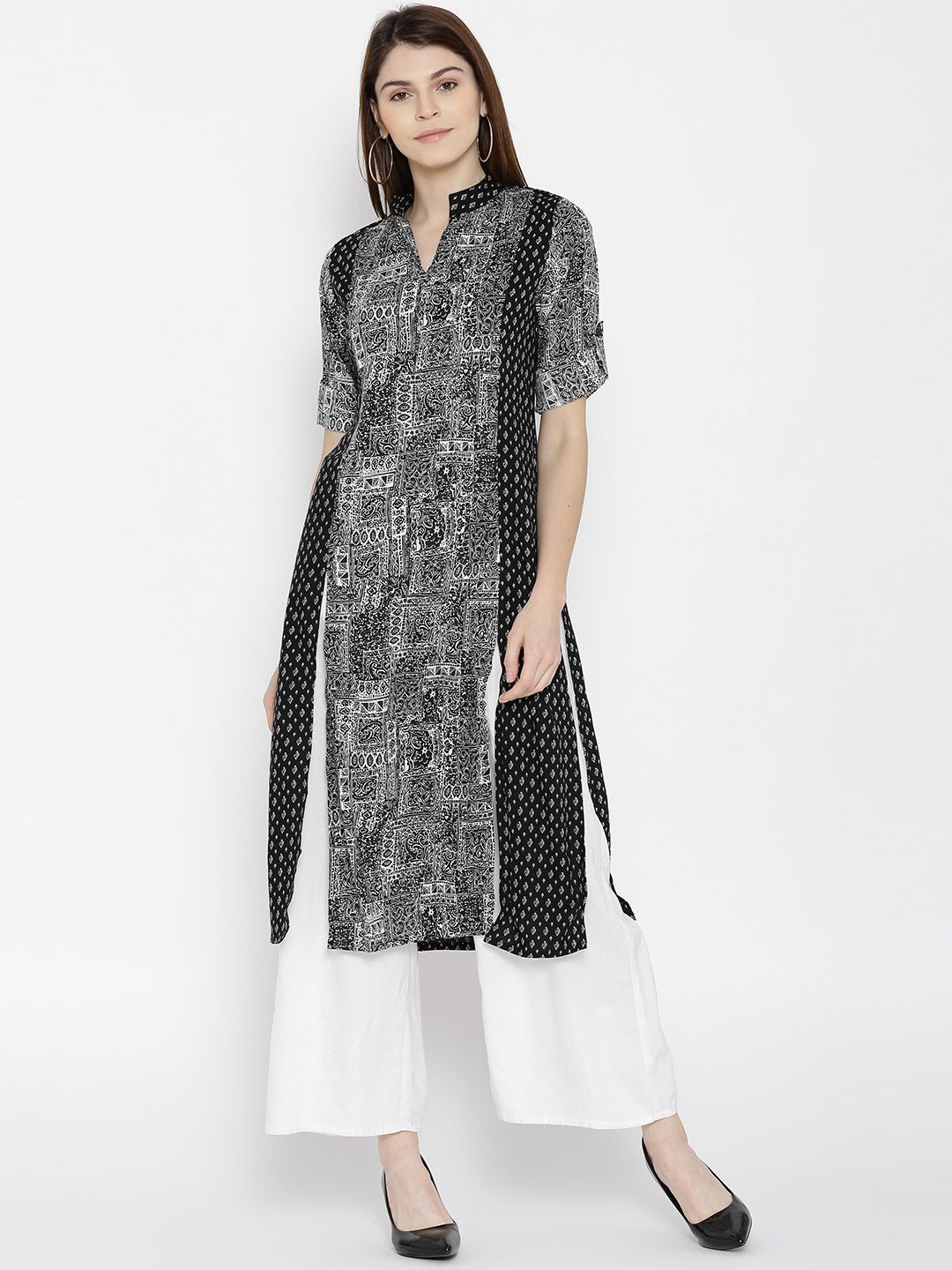 

Sera Abstract Printed Mandarin Collar Cotton A-Line Kurta, Black