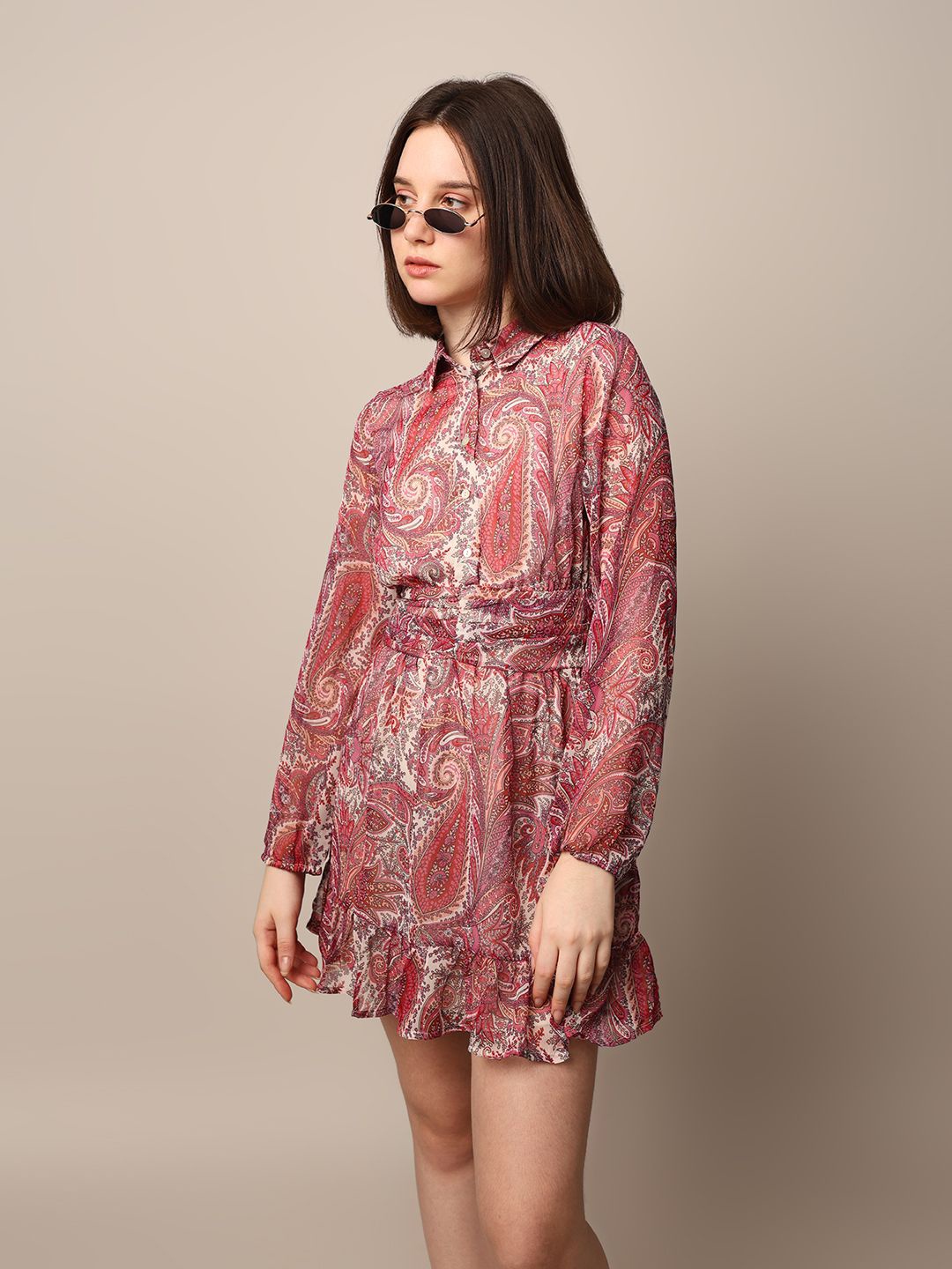 

ONLY Ethnic Motifs Printed Shirt Collar Chiffon Fit & Flare Mini Dress, Red