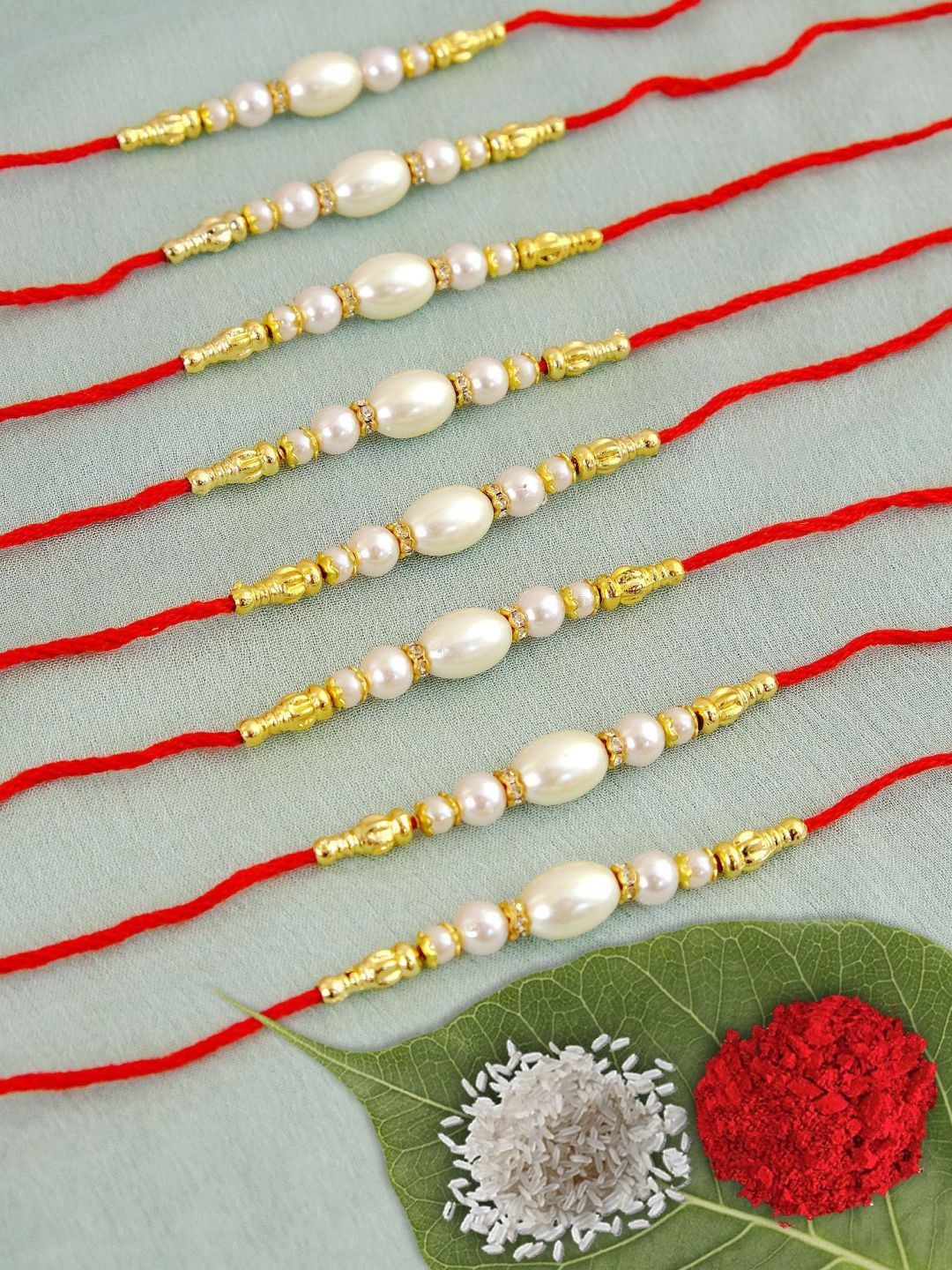 

Crunchy Fashion Set Of 8 Beaded Thread Rakhi With Roli Chawal, Off white