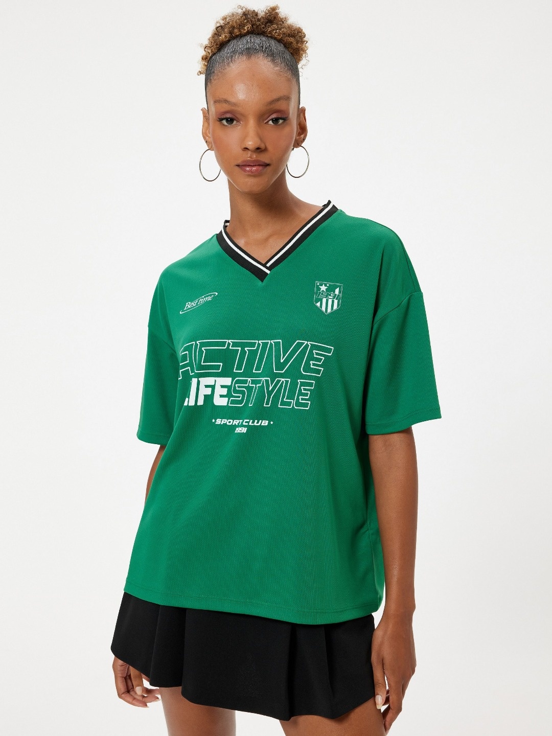 

Koton Women Typography Printed V-Neck Oversized T-Shirt, Green