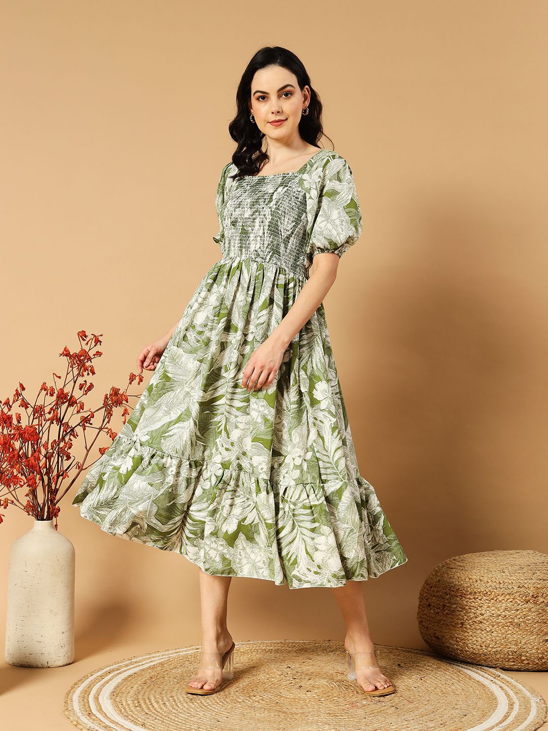 

DEKLOOK Floral Printed Puff Sleeve Smocked Fit & Flare Midi Dress, Green