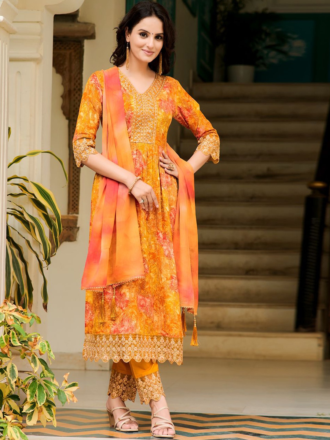 

Berrylicious Floral Embroidered Panelled Sequinned A-Line Kurta with Trousers & Dupatta, Mustard