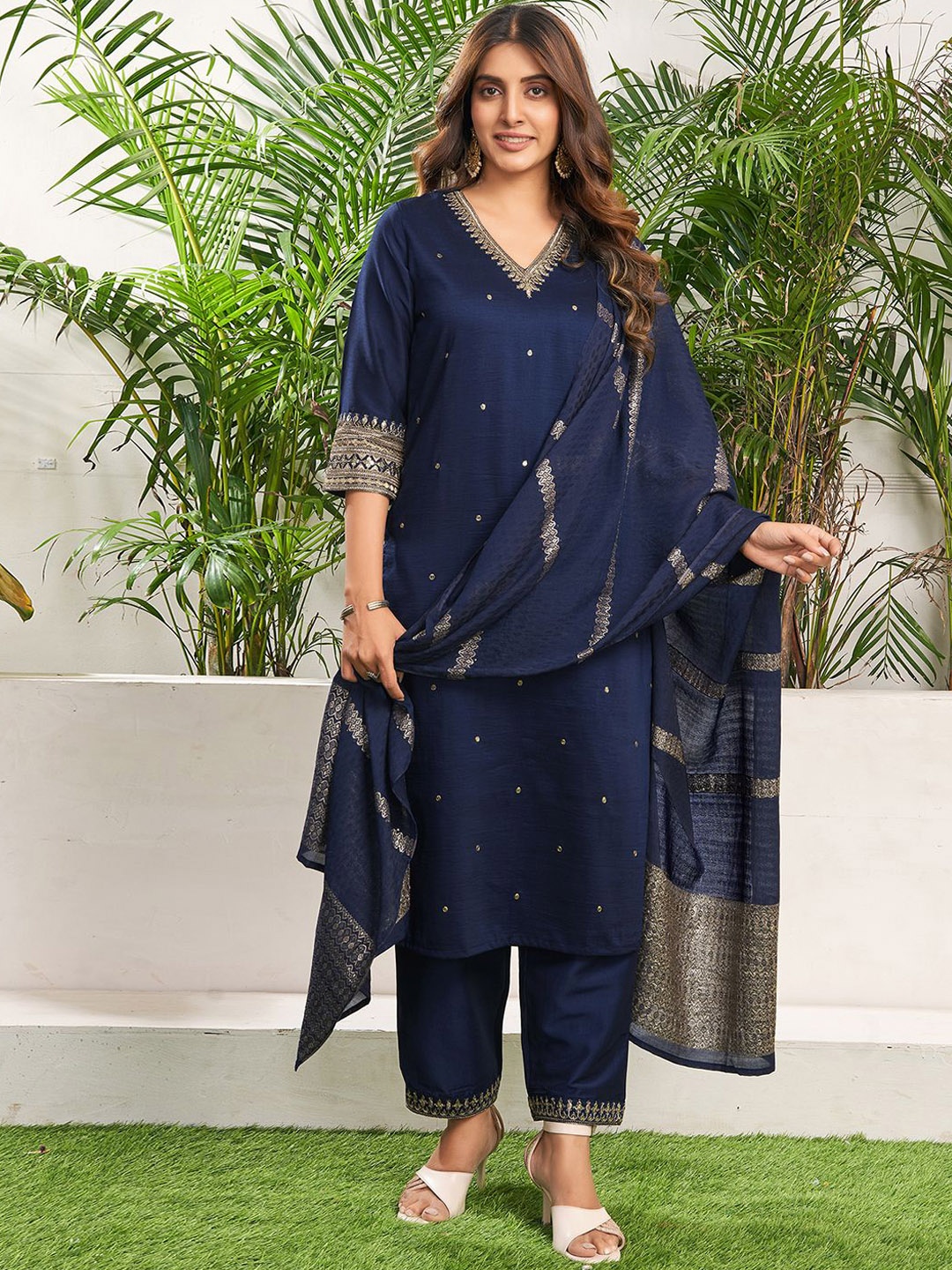 

KALINI Ethnic Motifs Embroidered Sequinned Kurta with Trousers & Dupatta, Blue