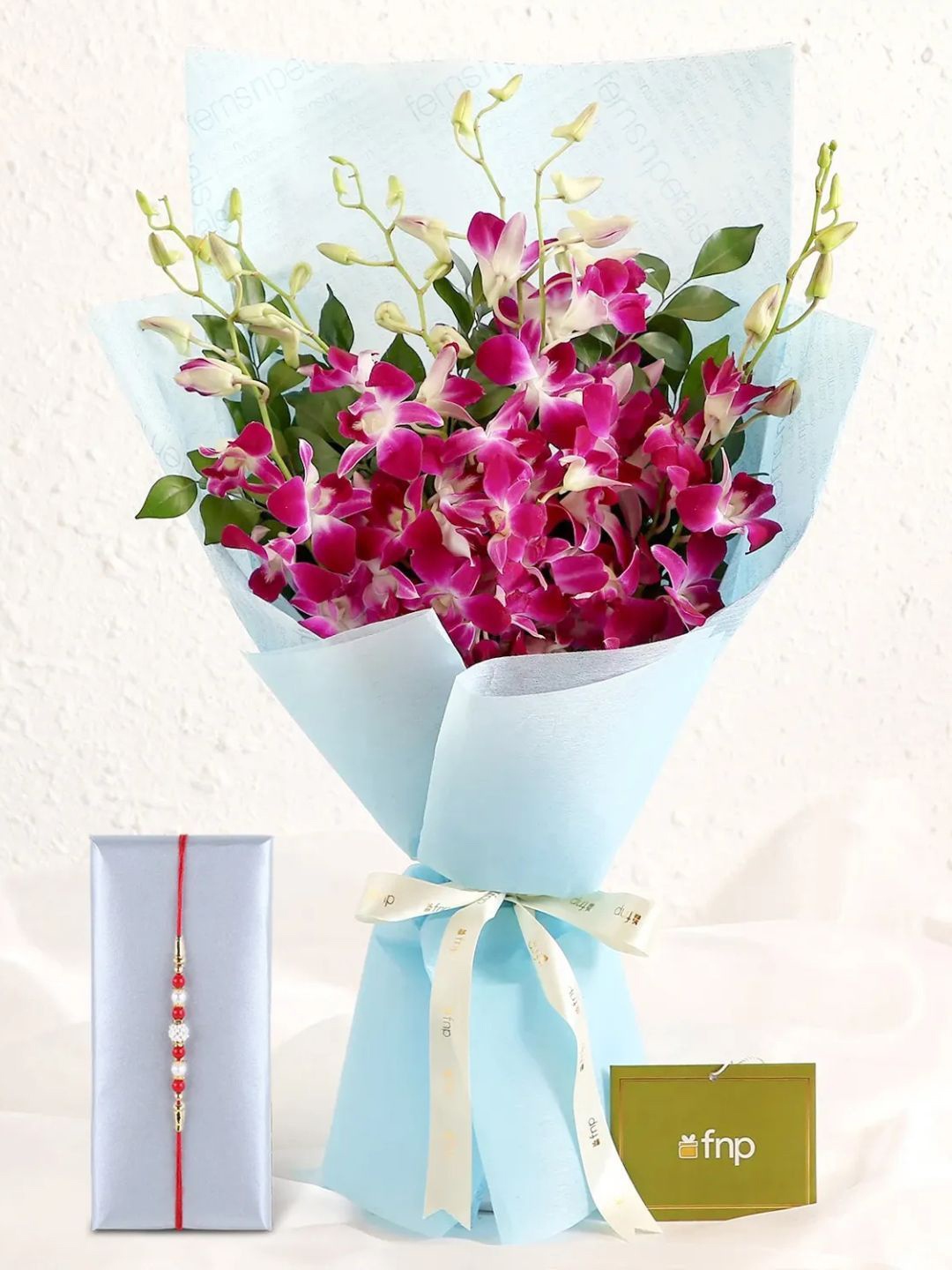 

fnp Pink 6Pc Orchids Beauty Bouquet With Rakhi, Red