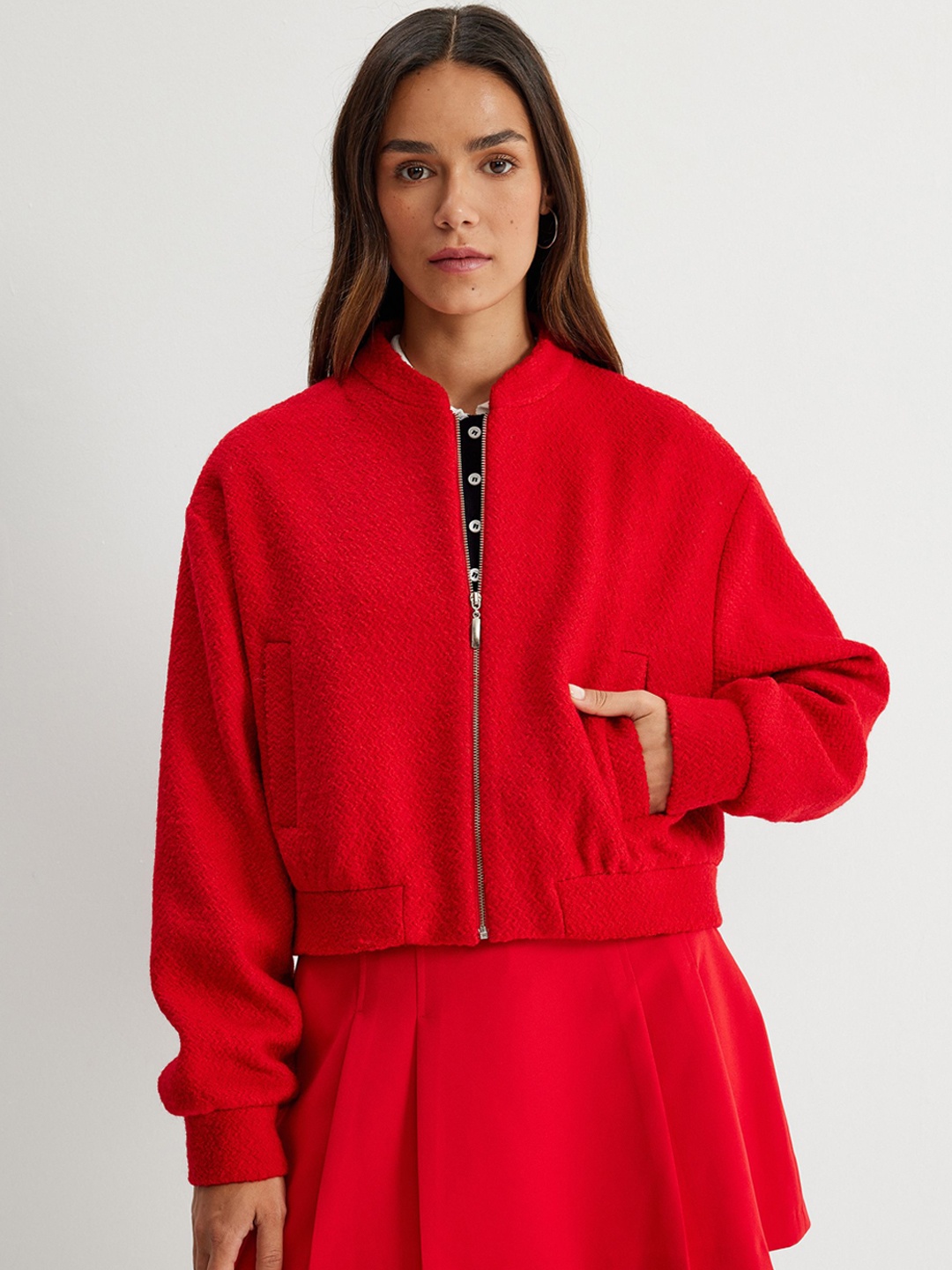 

Koton Women Solid Mandarin Collar Crop Tailored Jacket, Red