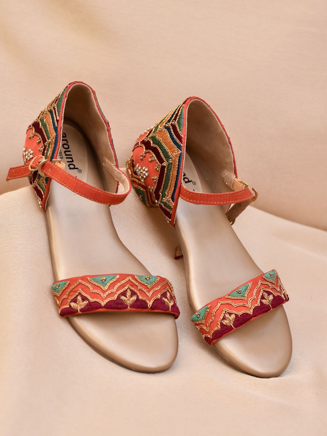 

Around Always Embellished Ethnic Block Sandals, Rust