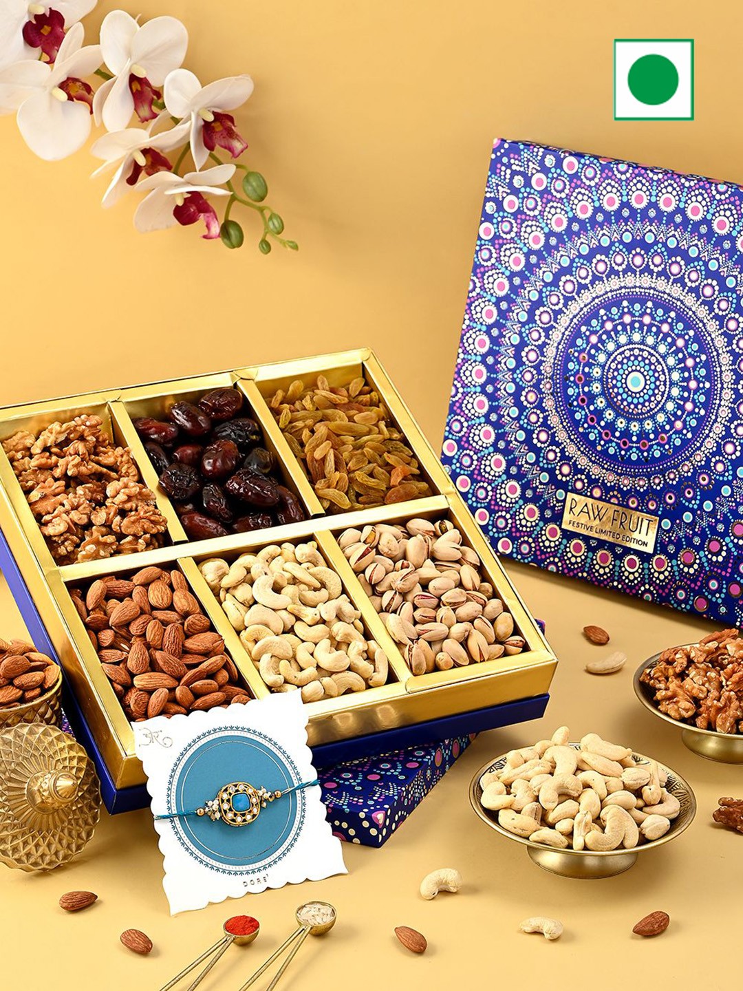 

RawFruit 2-Pcs Raki With Dry Fruits With Roli and Chawal Gift Set, Blue