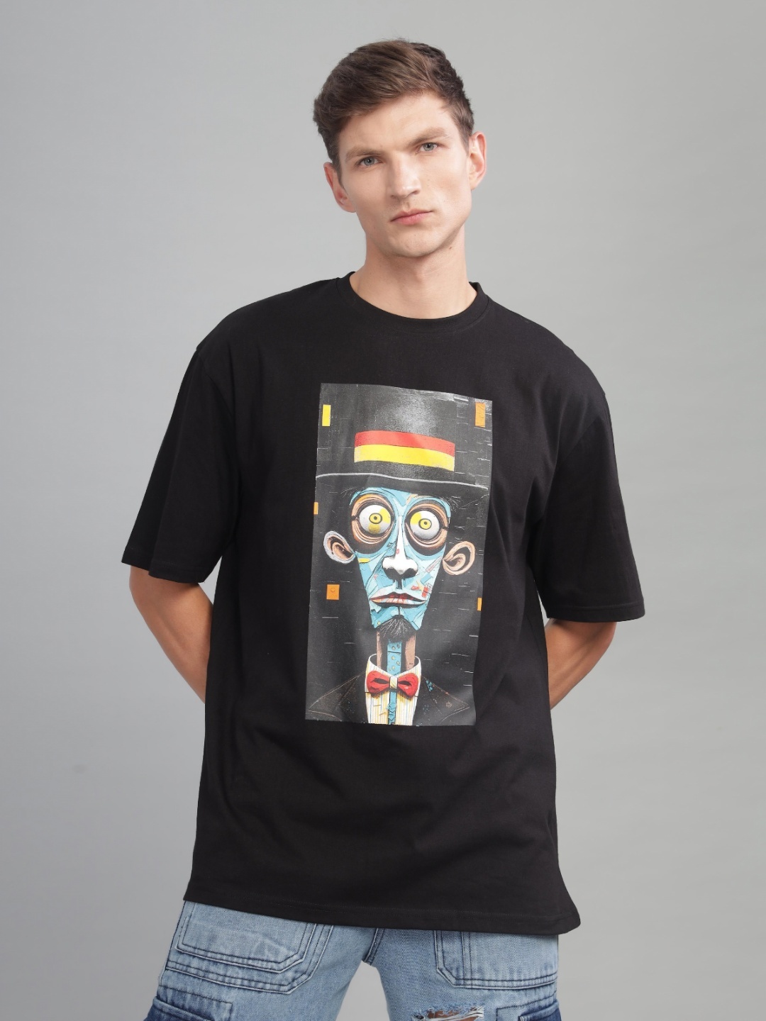 

TOMHIDDLE Men Graphic Printed Round Neck Cotton Oversized T-Shirt, Black