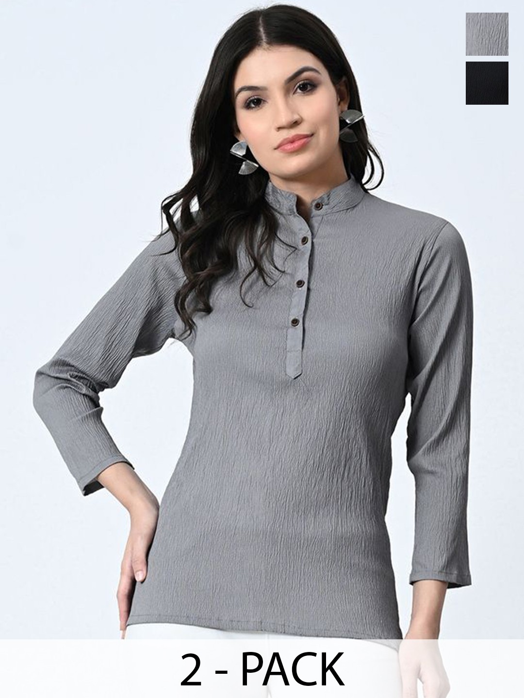 

BAESD Pack Of 2 Self Design Mandarin Collar Crepe Tops, Grey