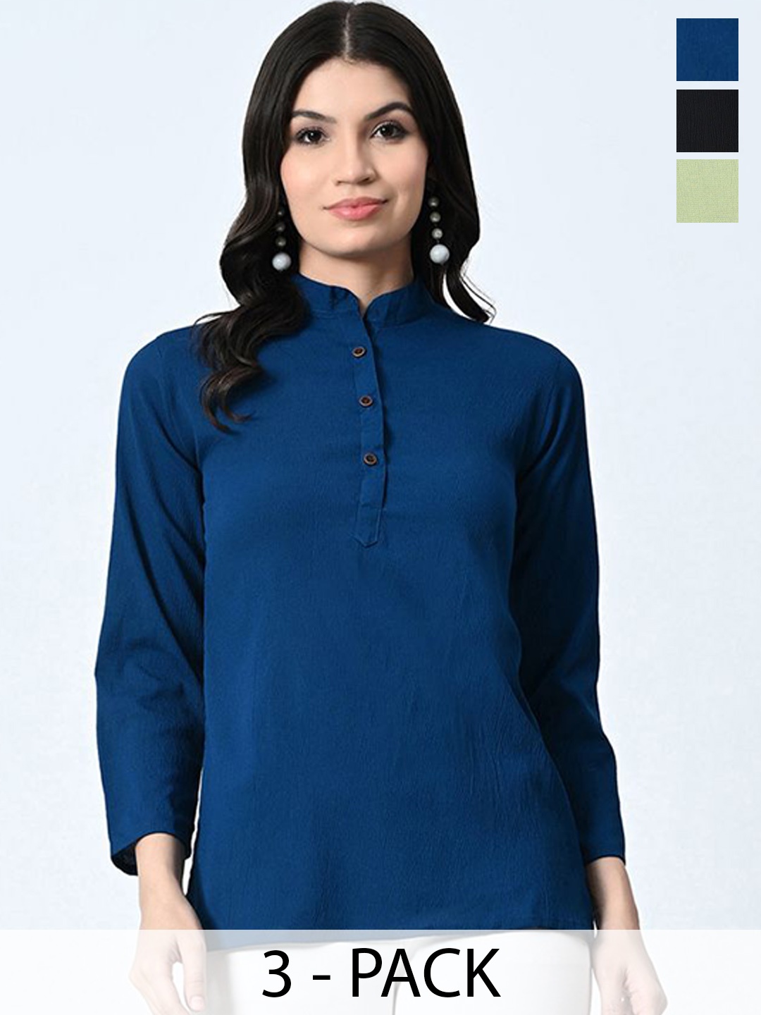 

BAESD Pack of 3 Mandarin Collar Crepe Straight Top, Navy blue