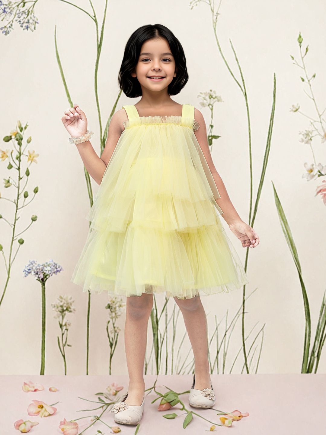 

Toonyport Girls Net A-Line Layered Dress, Yellow