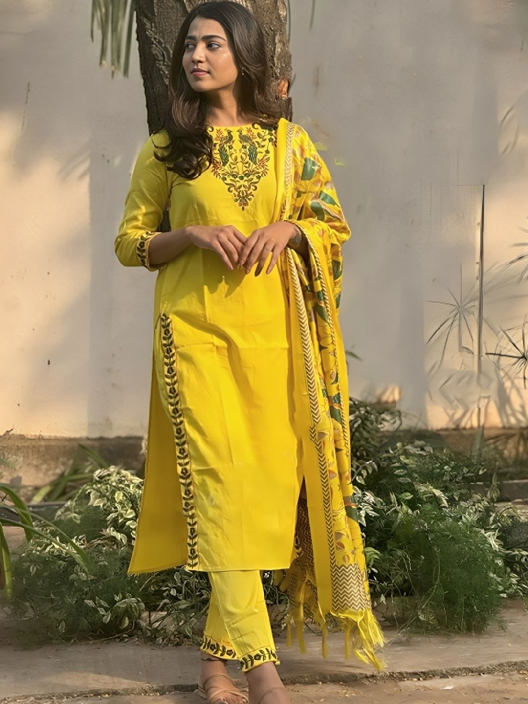 

KALINI Floral Yoke Design Pure Cotton Straight Kurta With Trousers & Dupatta, Yellow