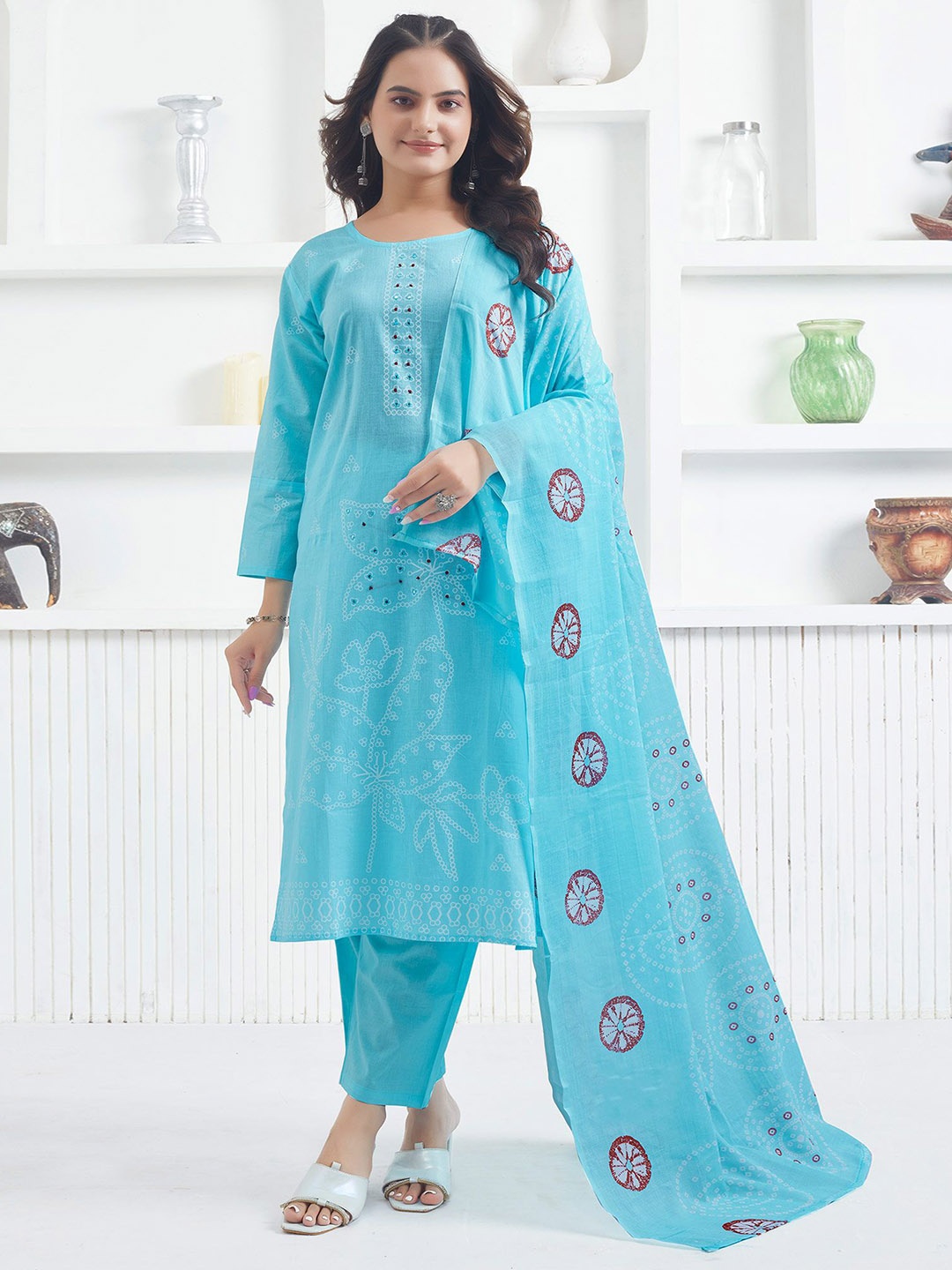 

Peachmode Floral Printed Mirror Work Pure Cotton Kurta with Trousers & With Dupatta, Blue