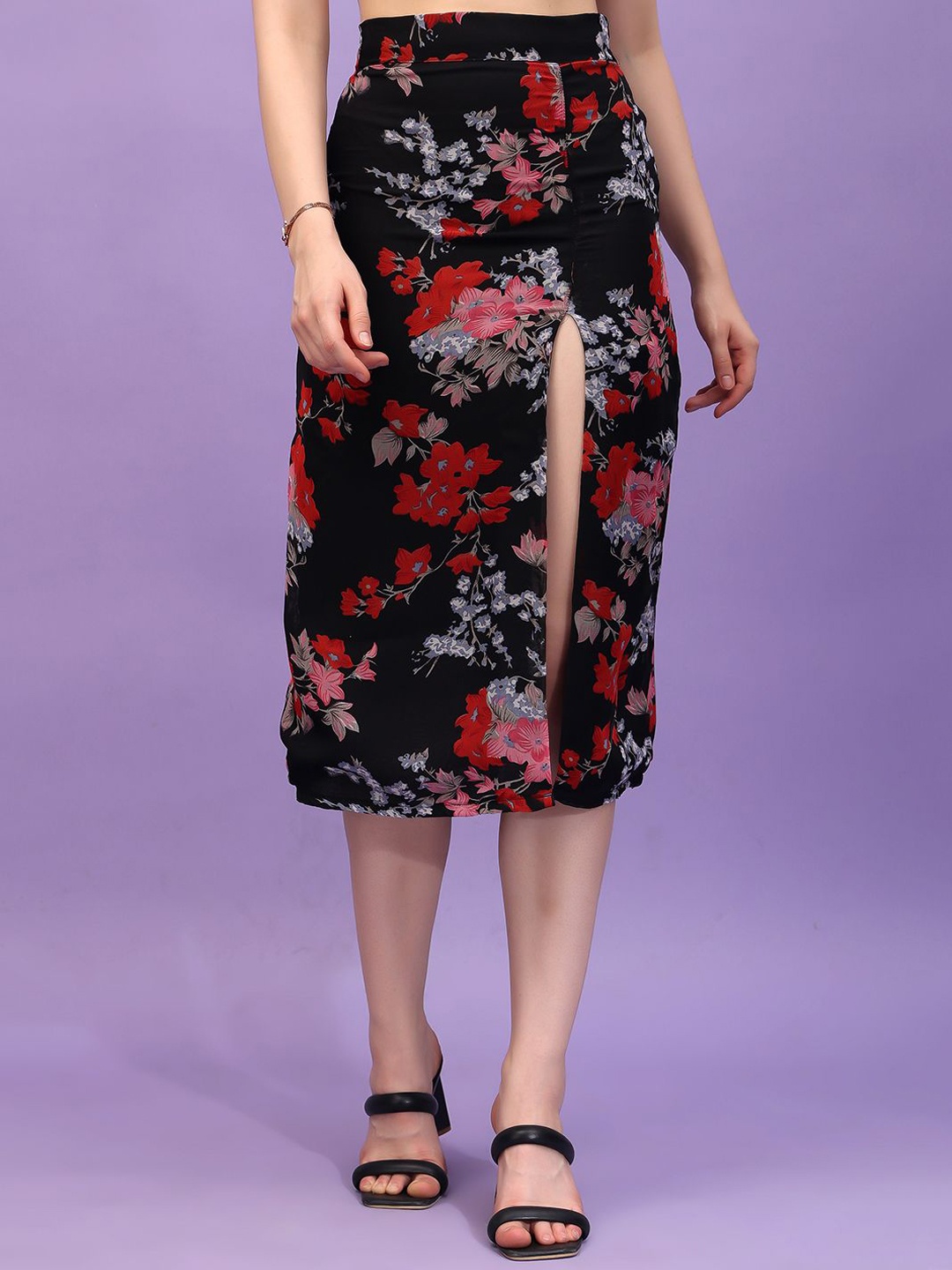 

BAESD Floral Printed Cotton Front Slit Pencil Skirt, Black