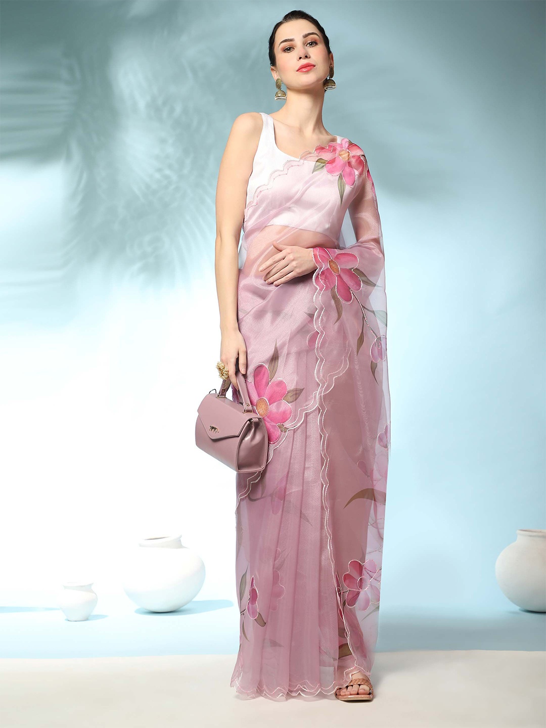 

VAMSEE Floral Embroidered Organza Saree, Pink