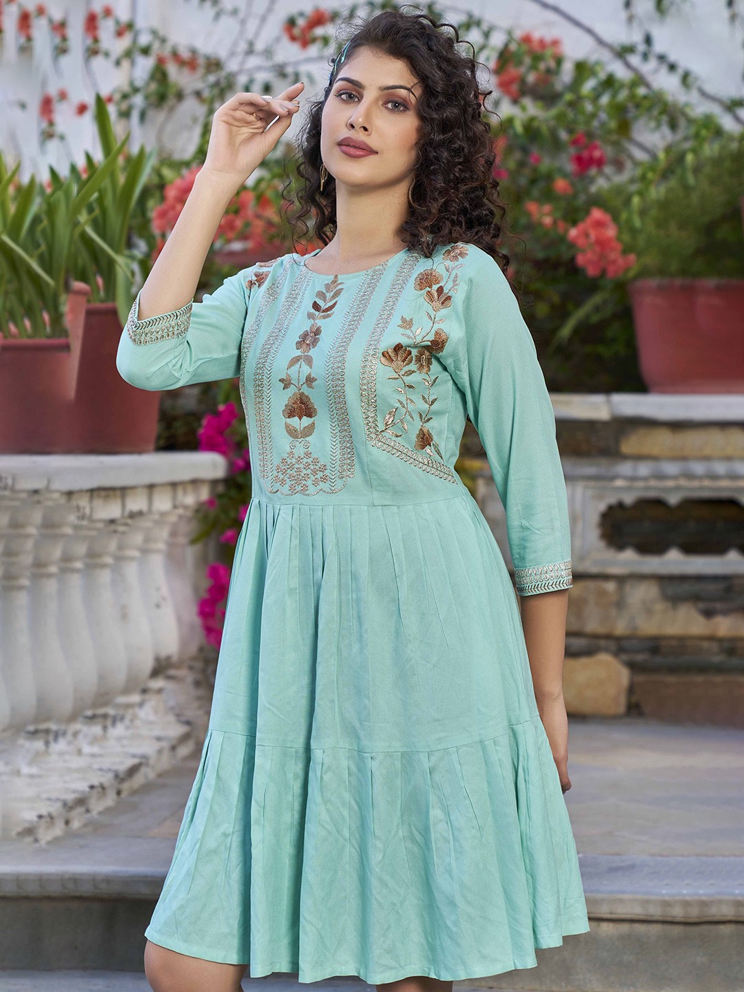 

PEACH PIPER Ethnic Motif Embroidered Fit & Flare Dress, Green