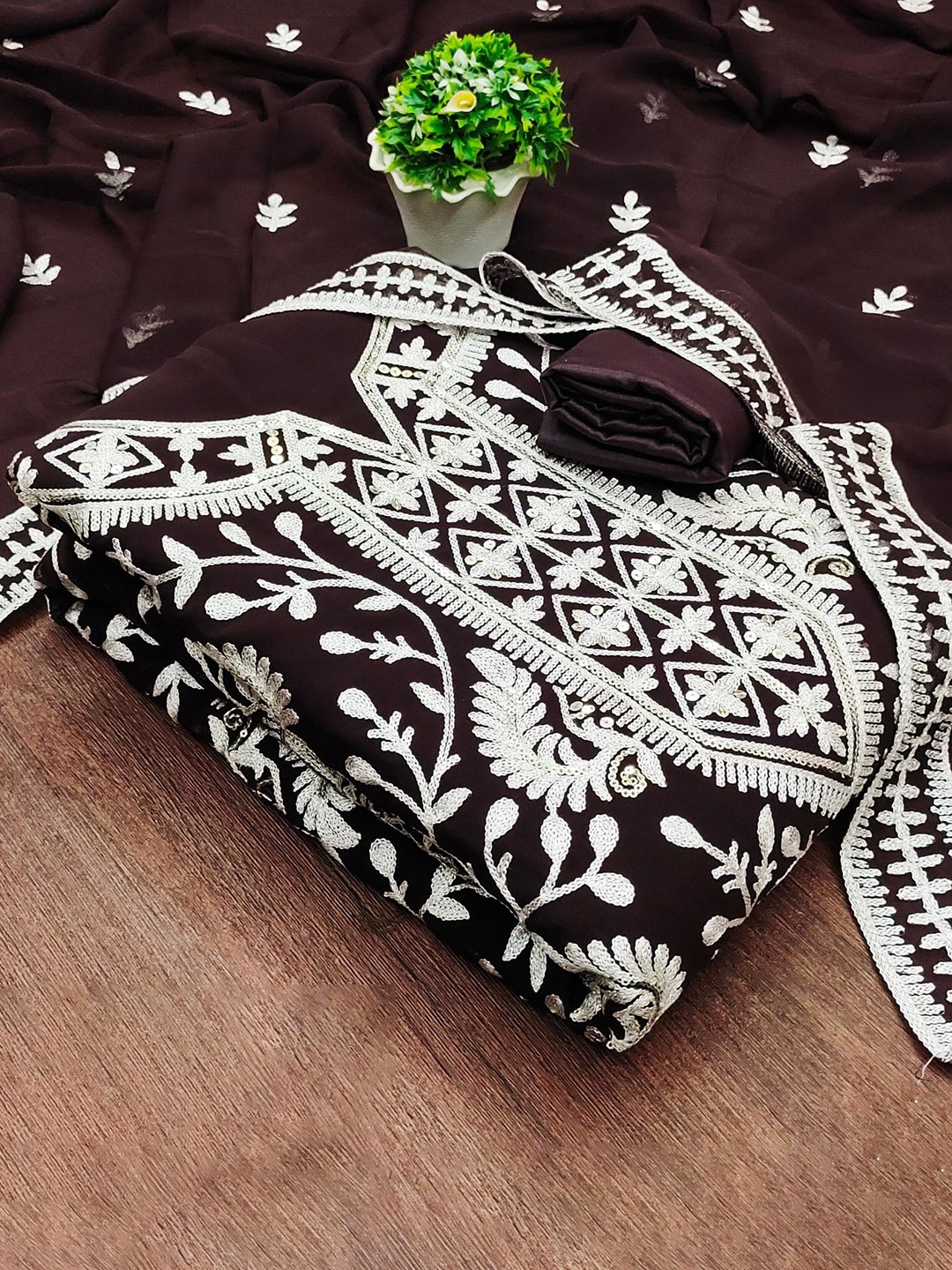 

LeeliPeeri Designer Floral Embroidered Thread Work Unstitched Dress Material, Brown