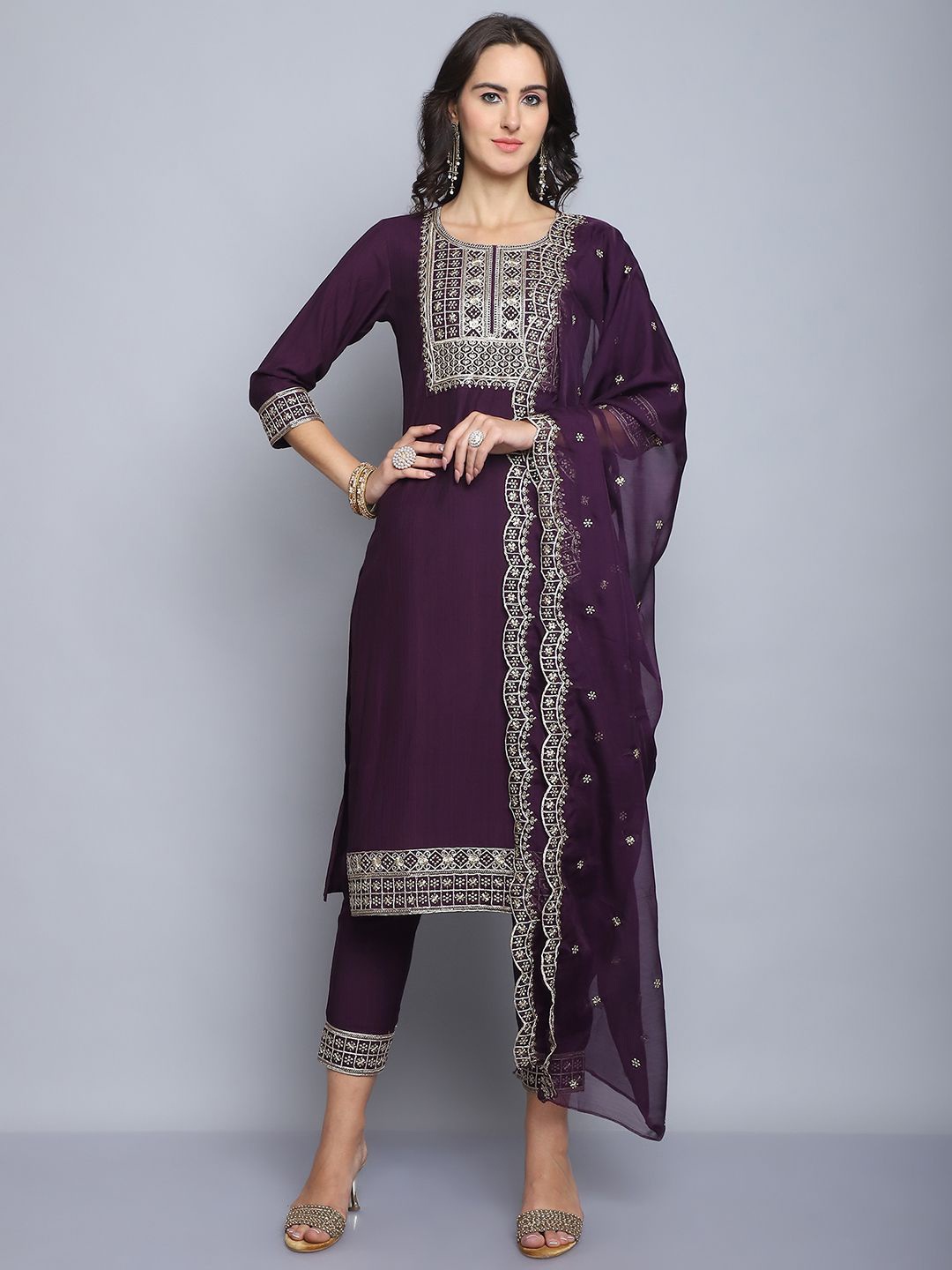 

KALINI Ethnic Motifs Yoke Design Pure Silk Straight Kurta with Trousers & Dupatta, Maroon